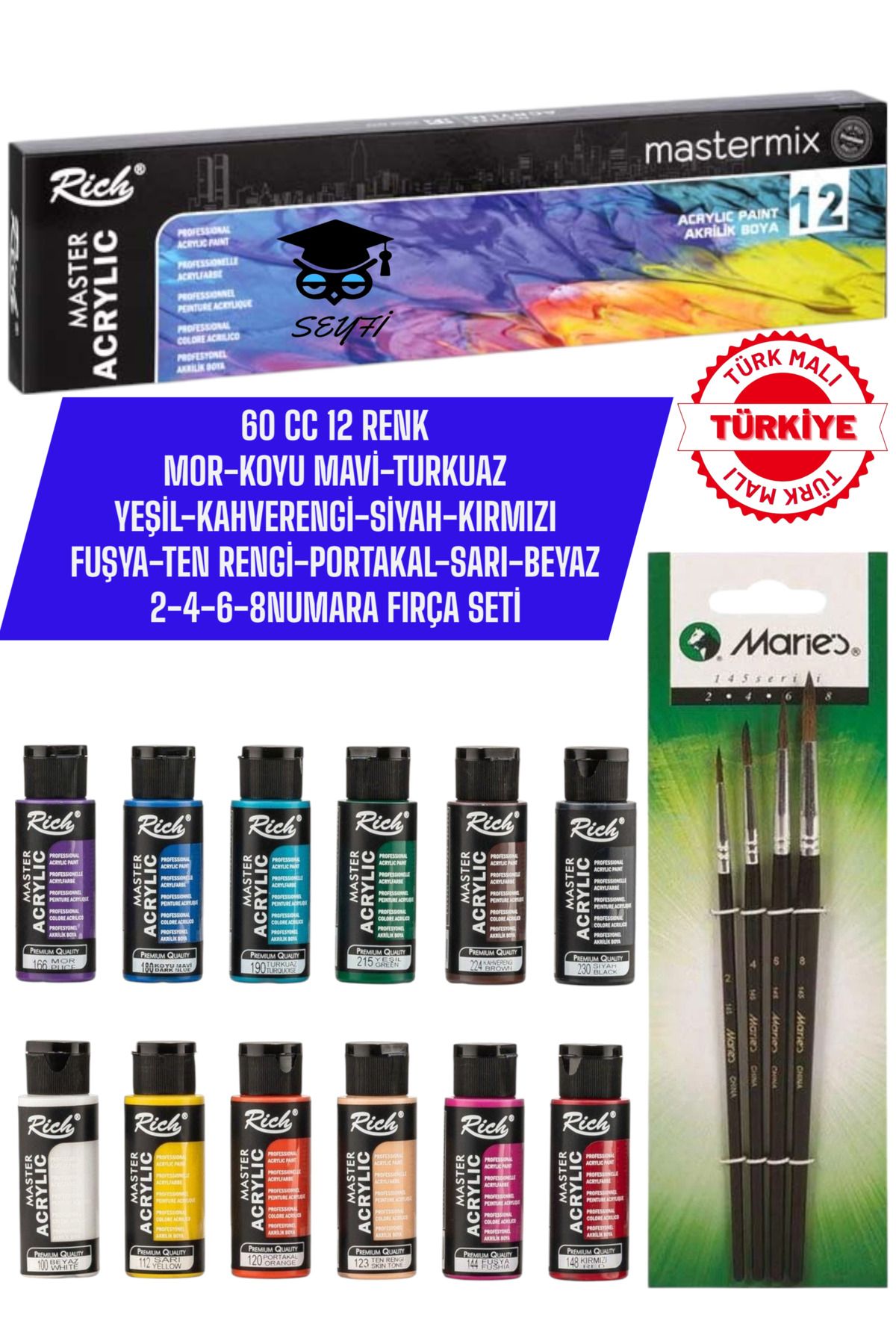 SEYFİKİRTASİYE MASTER MİX 60 CC 12 RENK AKRİLİK BOYA SETİ 4 ADET FIRÇA MASTER MİX SET YERLİ ÜRETİM