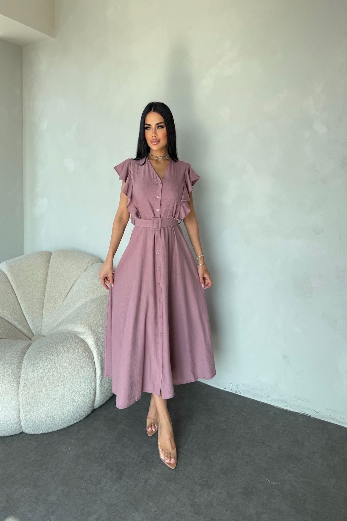 kamacibutik OMUZ FIRFIRLI KEMERLİ GÖMLEK ELBİSE