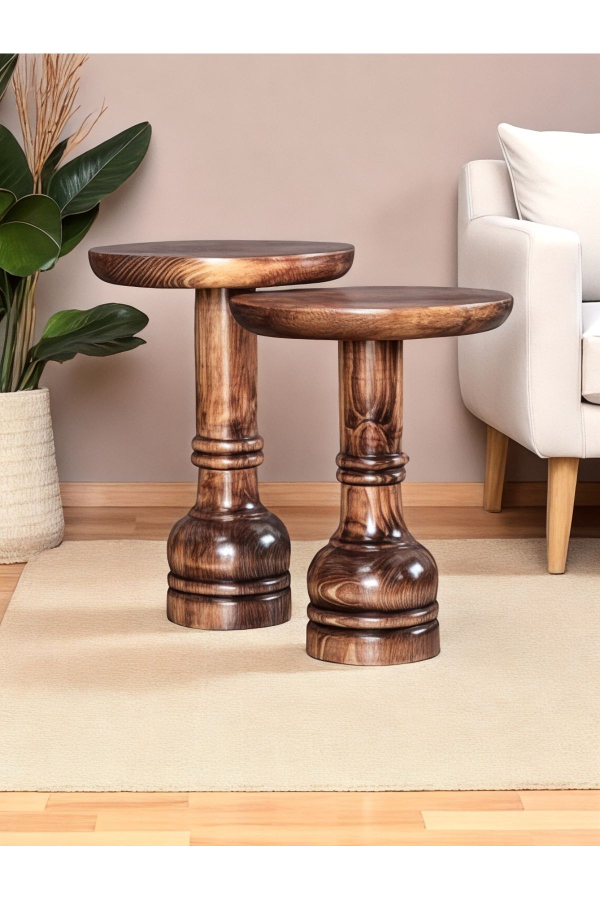ASELYA HOME Doğal Ahşap 2’li Set Mantar Yan Sehpa Modern Ceviz Renk Fiskos Zigon Çiçeklik