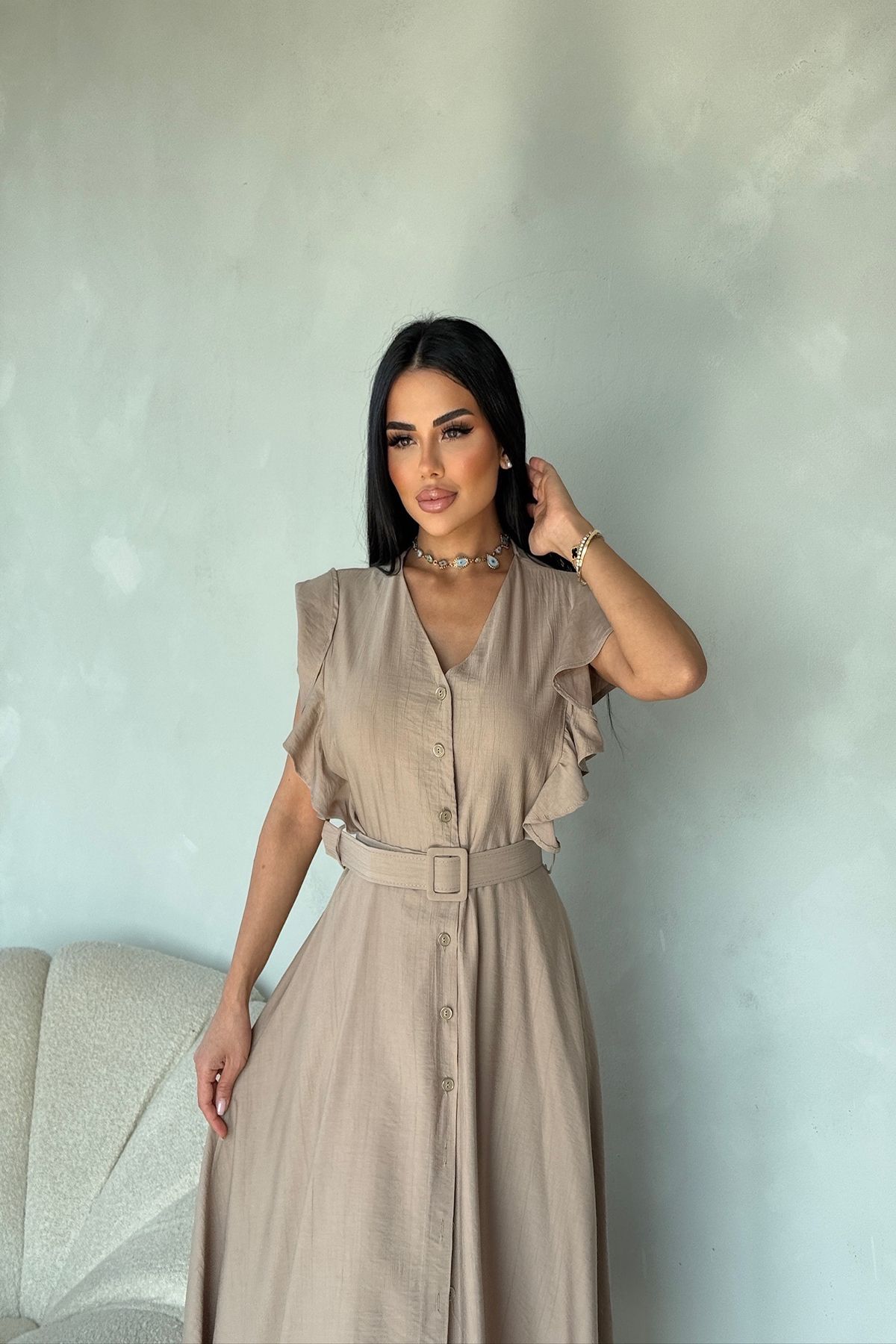 kamacibutik OMUZ FIRFIRLI KEMERLİ GÖMLEK ELBİSE