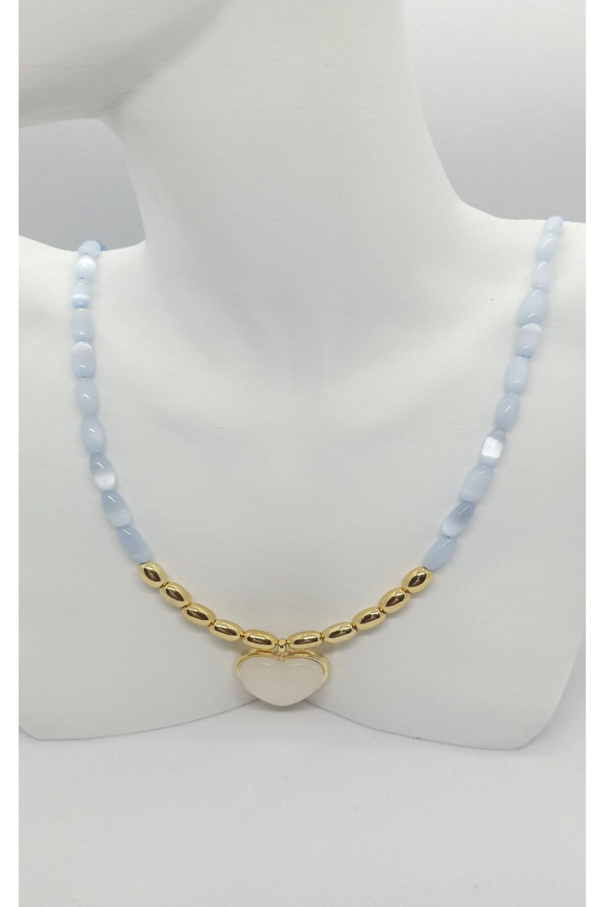 ndjewelry Mavi ve Gold Renk Kalp Detaylı Boncuk Kolye