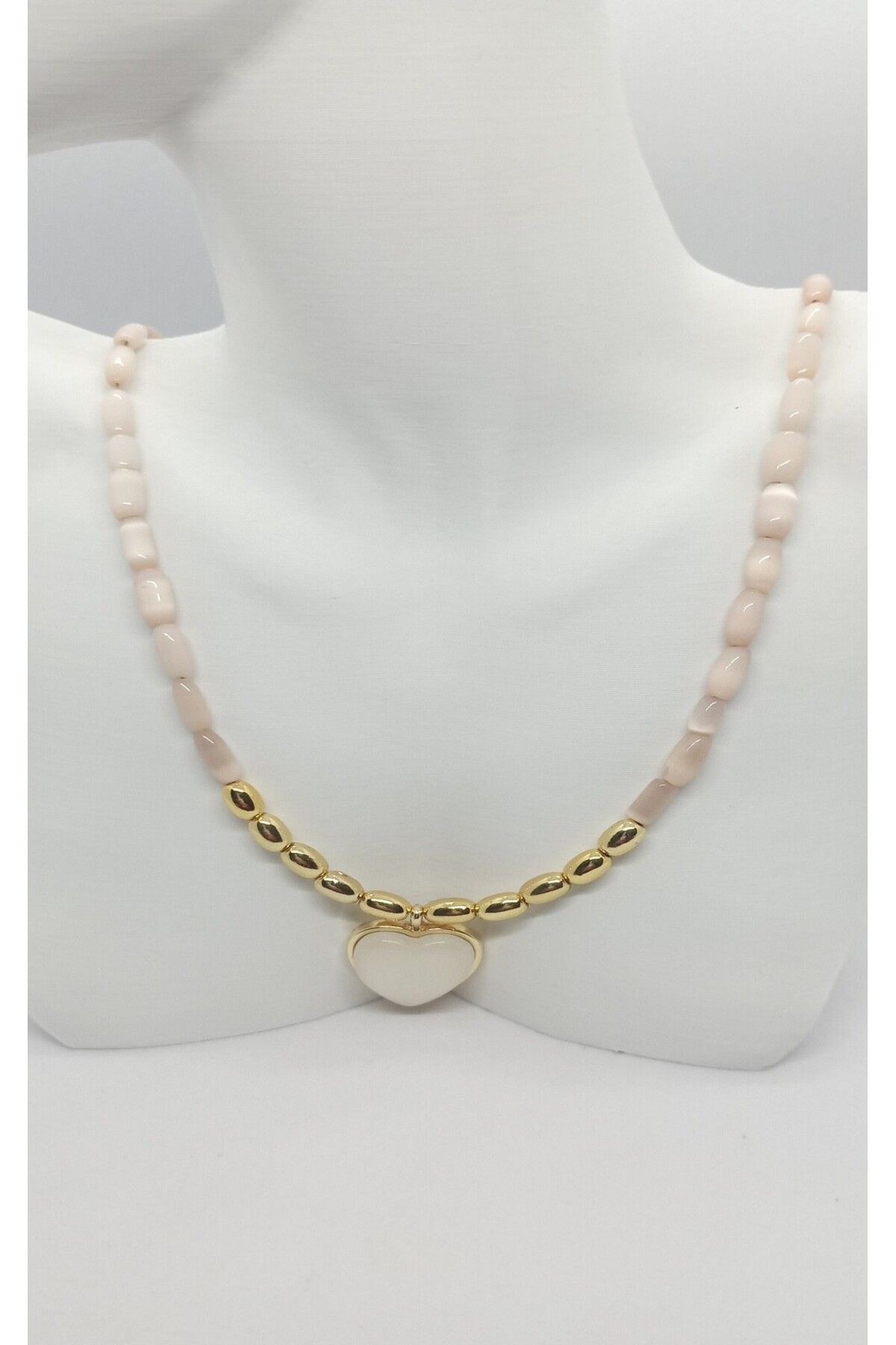 ndjewelry Pudra ve Gold Renk Kalp Detaylı Boncuk Kolye