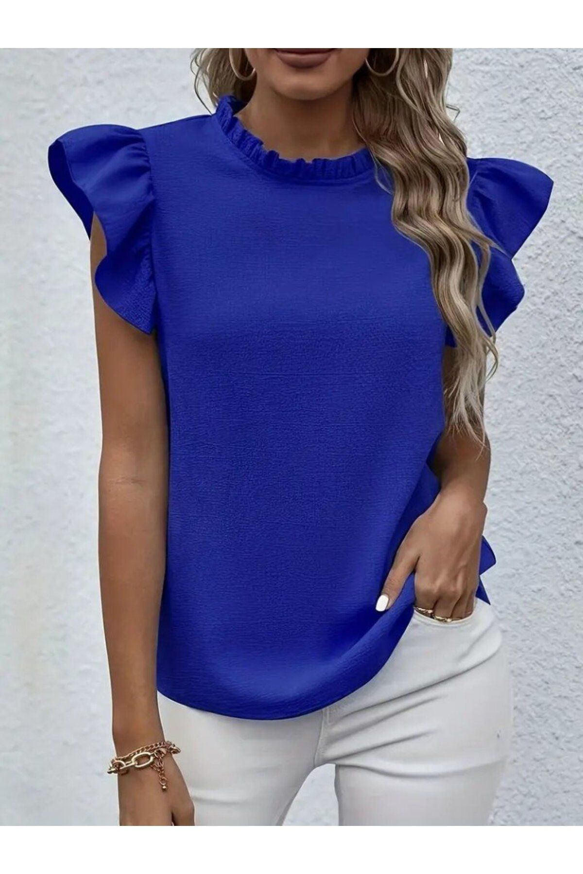 moda wanilia Kadın Kısa Kollu Fırfır Yakalı Bürümcük Bluz