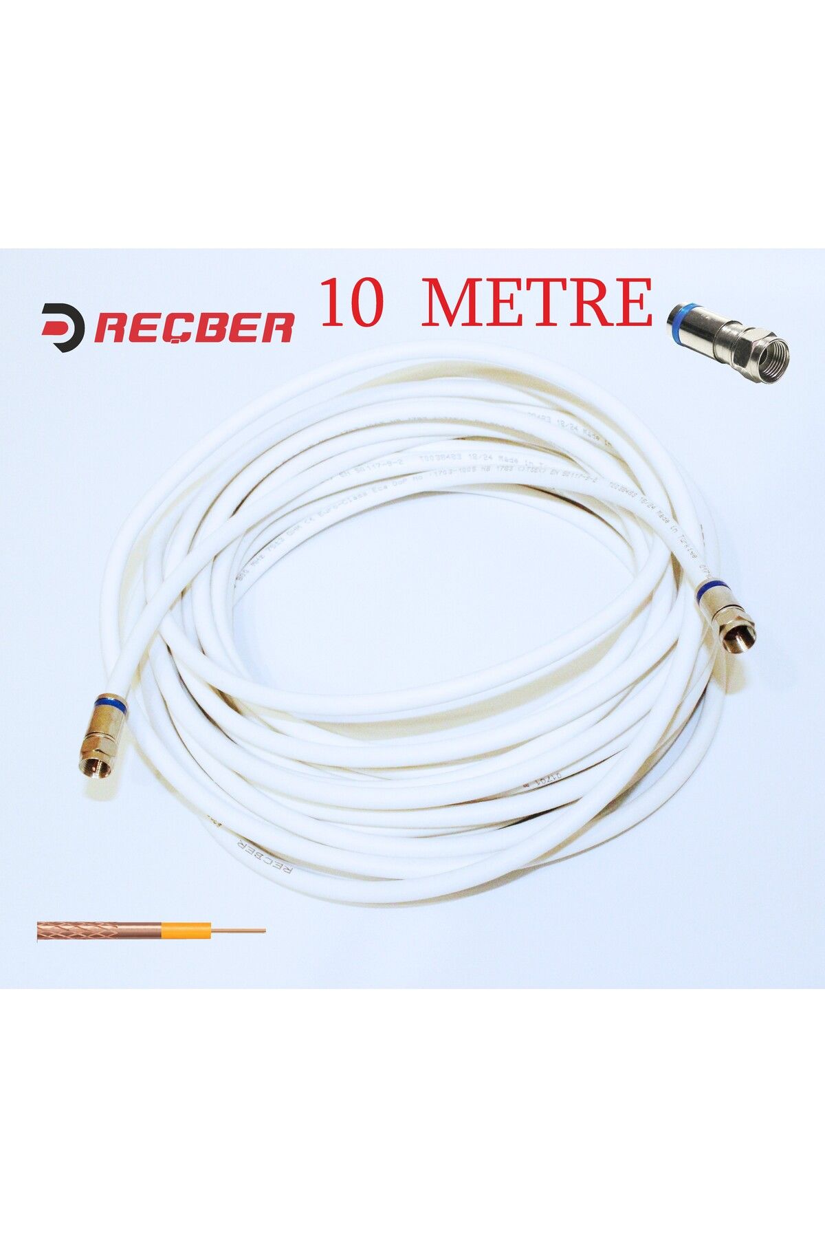 REÇBER 10 METRE BAKIR RG 6U/6 HAZIR UYDU KABLOSU BANDSIZ L KONVETTÖRLÜ ÇIKMAZ ŞASE YAPMAZ YÜKSEK SİNYAL