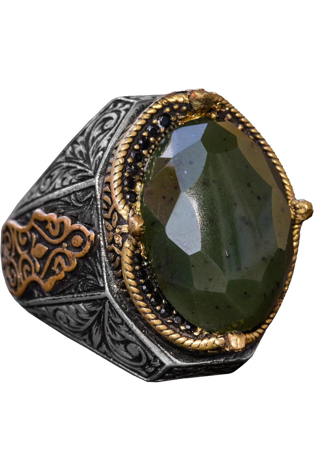 KAMBO El Yapımı Vintage Tasarım Zümrüt Yüzük - 925 Ayar Gümüş Erkek Yüzük Altın Detaylarla (Jade)