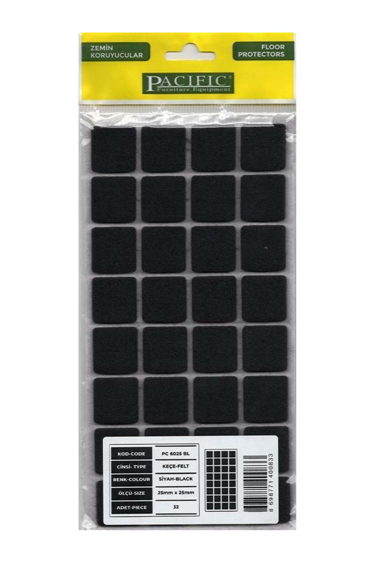 Toptan Bulurum Pacific 6025 BL Yapışkanlı Keçe 25 mm X 25 mm Siyah