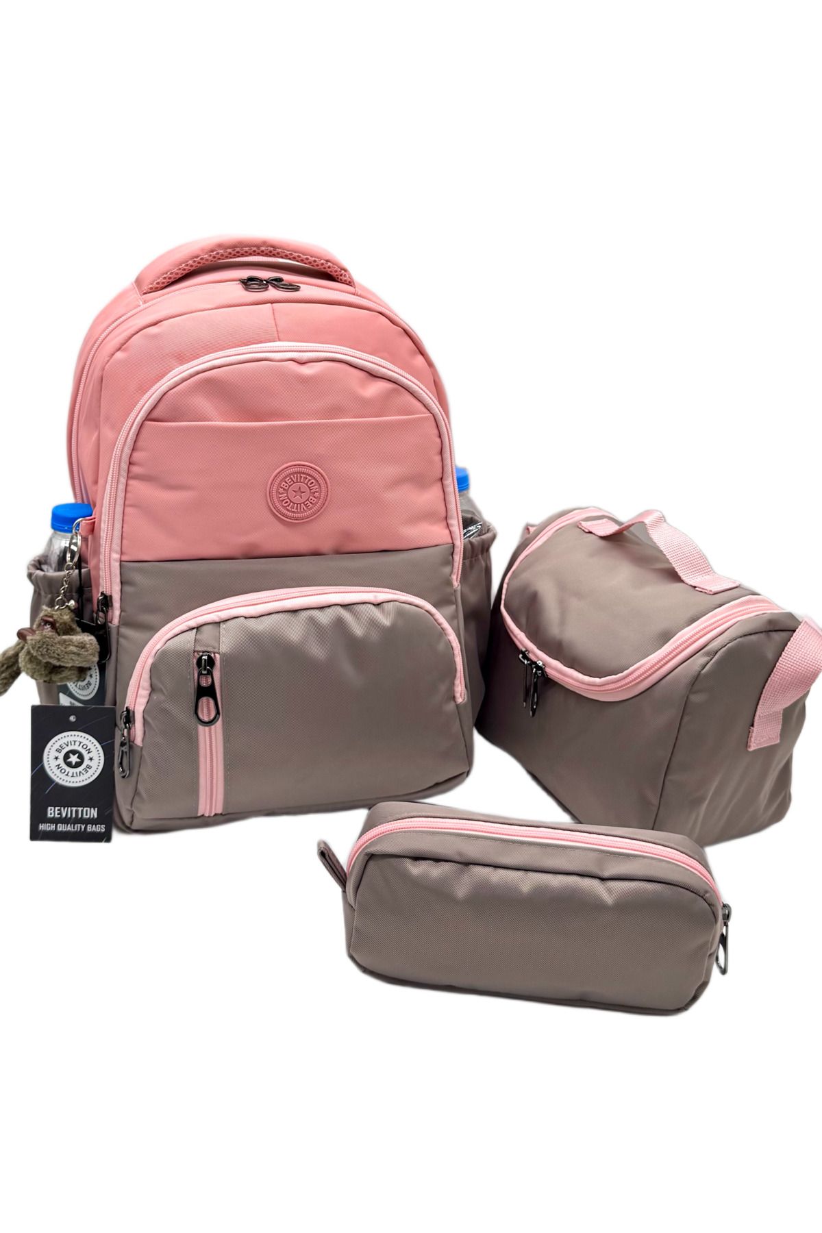 Bevitton ilk Okul Çantası 3'lü Seti Unisex Çocuk ilkokul Çantası Bvt-8010 Pudra-Vizon
