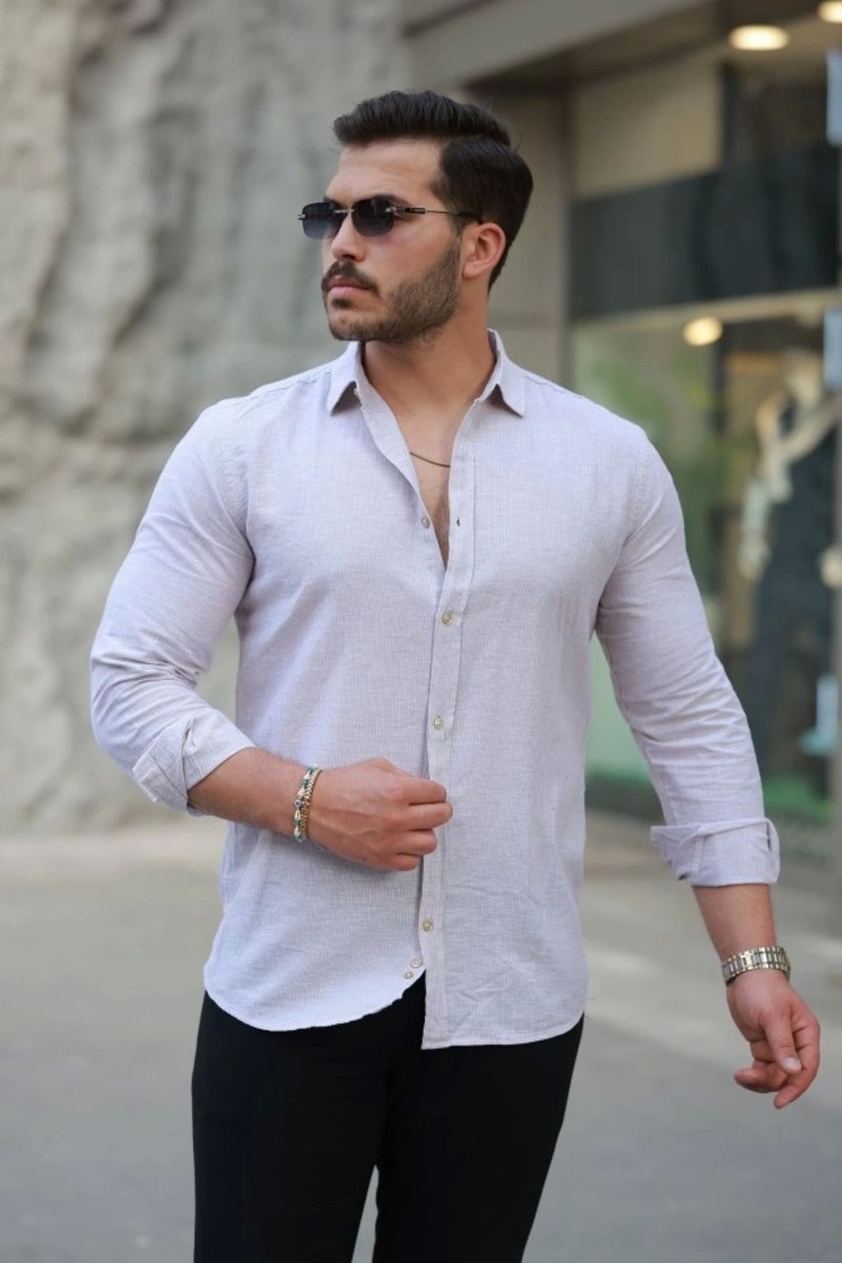 Butik Erkek çizgi Desenli Uzun Kollu Pamuklu Keten Gömlek