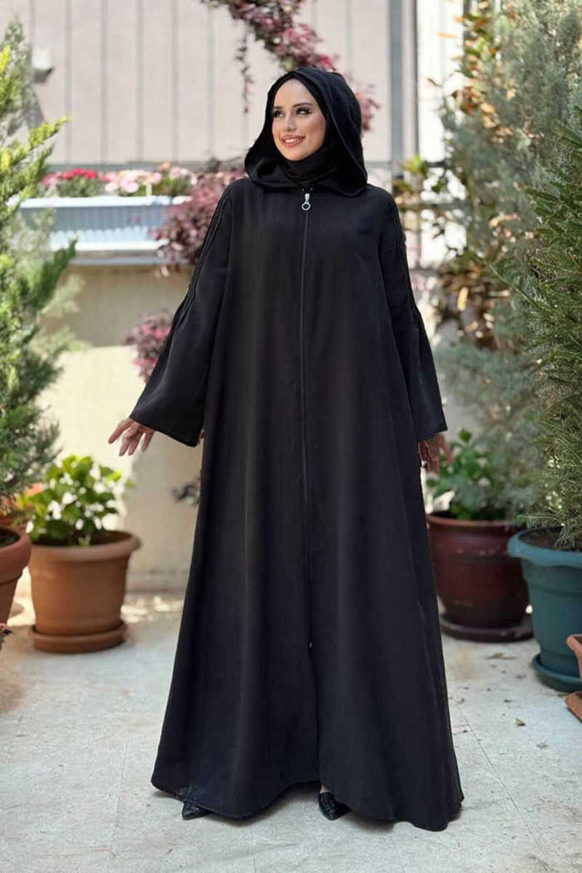 Bym Fashion Fermuarlı Kapüşonlu Ferace 70016 Siyah
