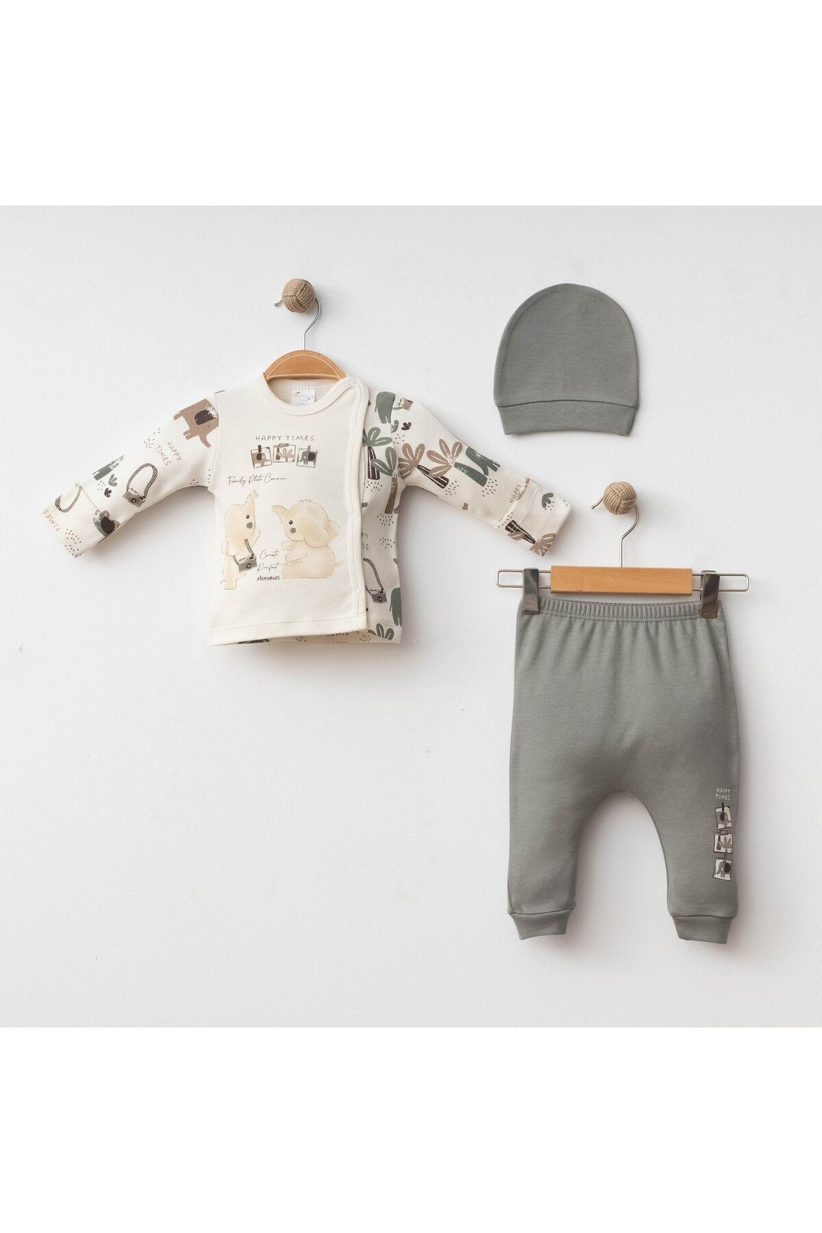 Gümüş Baby Kids BEBEK 3 LÜ TAKIM KENDİNDEN ELDİVENLİ FİL BASKILI % 100 PAMUKLU KUMAŞ