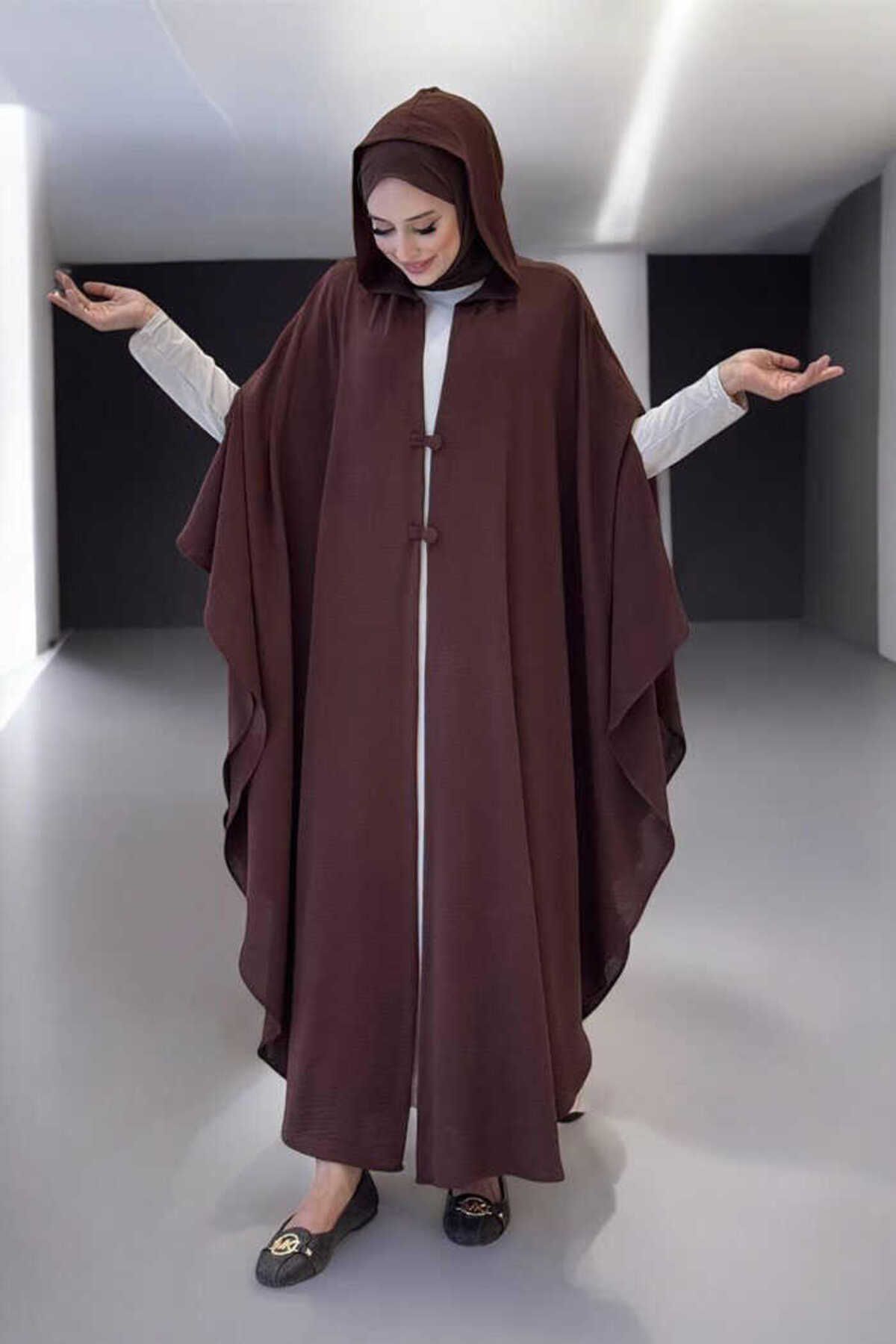 Bym Fashion Kapüşonlu Ayrobin Pelerin 70021 Kahverengi