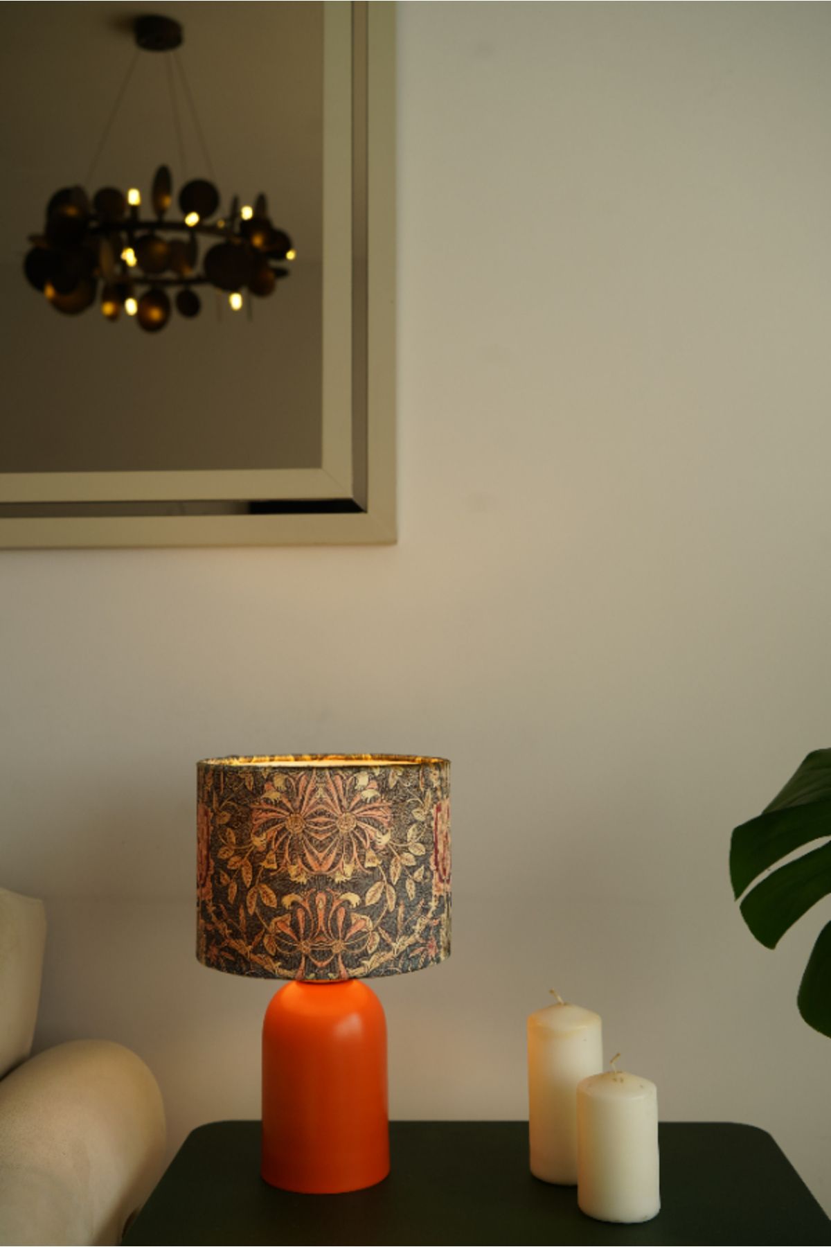 retro home design Turuncu Ayaklı Kahve Çiçekli Kadife Model Kumaş Şapkalı Şık Yatak Odası Salon Abajur Özel Modern