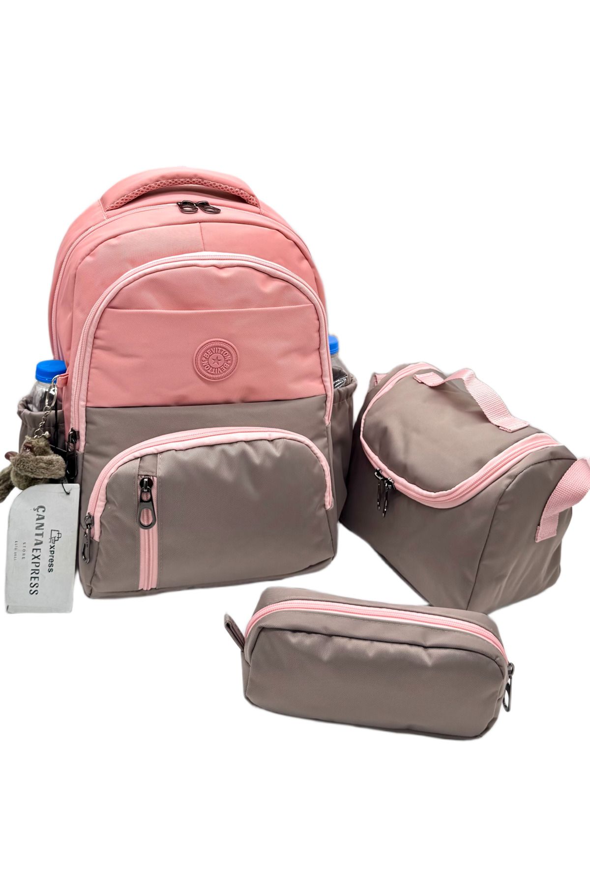 ÇantaExpress ilk Okul Çantası 3'lü Seti Unisex Çocuk ilkokul Çantası Cnt-8010 Pudra-Vizon