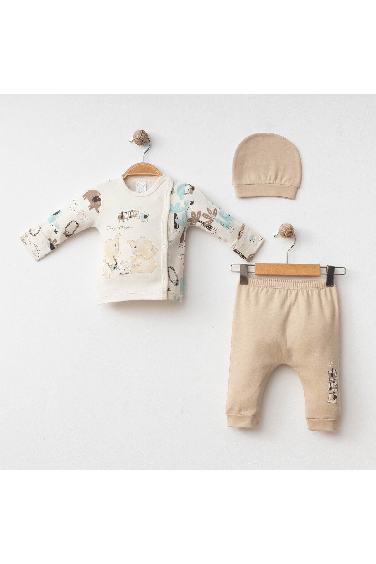Gümüş Baby Kids BEBEK 3 LÜ TAKIM KENDİNDEN ELDİVENLİ FİL BASKILI % 100 PAMUKLU KUMAŞ
