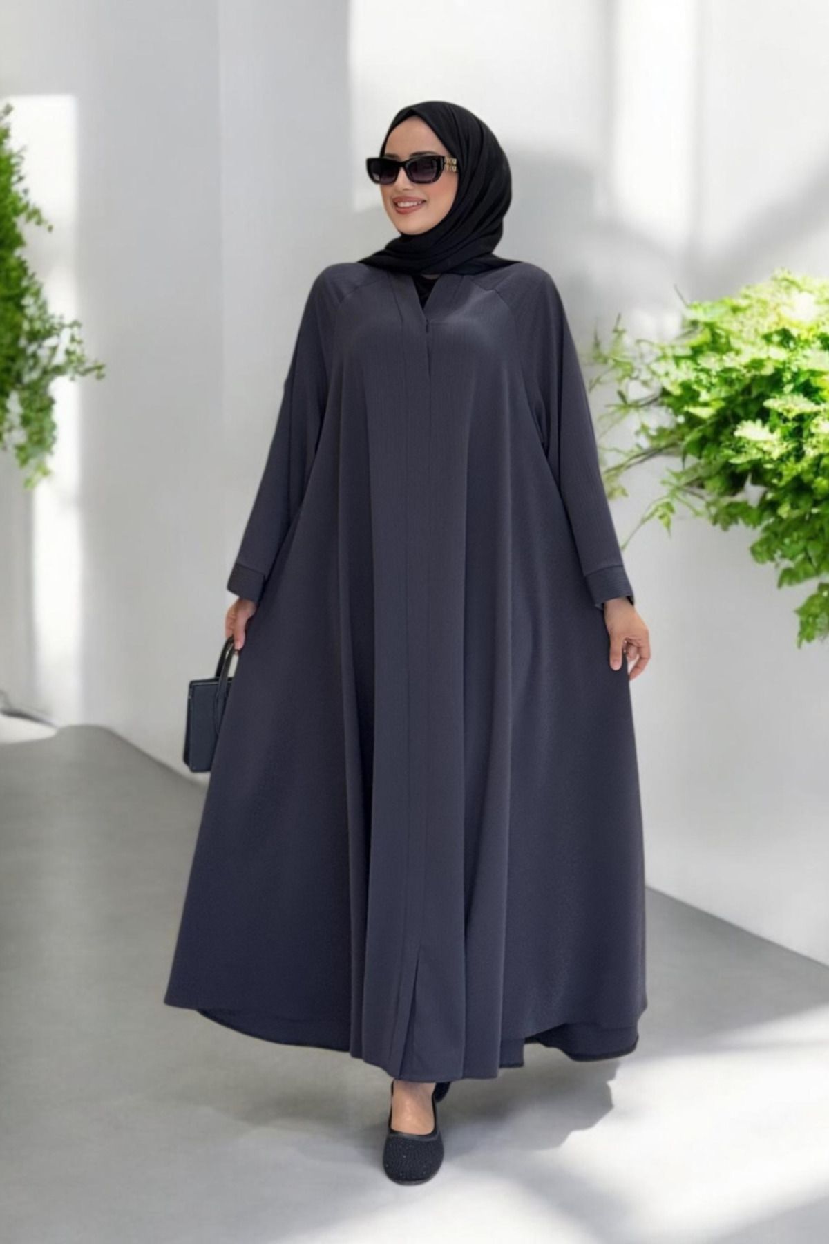 Bym Fashion Çıt Çıt Düğme Detaylı Ferace Görünümlü Elbise 70020 Füme