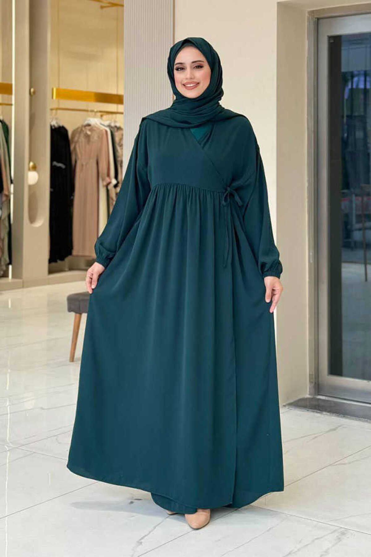 Bym Fashion Şallı Kruvaze Namaz Elbisesi 6027 Zümrüt