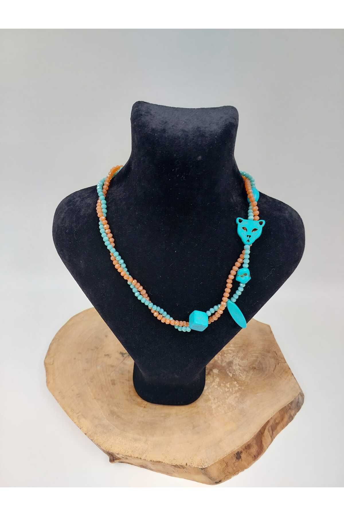 R G Handmade Design Ruhun Gücü – Turkuaz Figürlü ve Kristal Taşlı El Yapımı Kolye