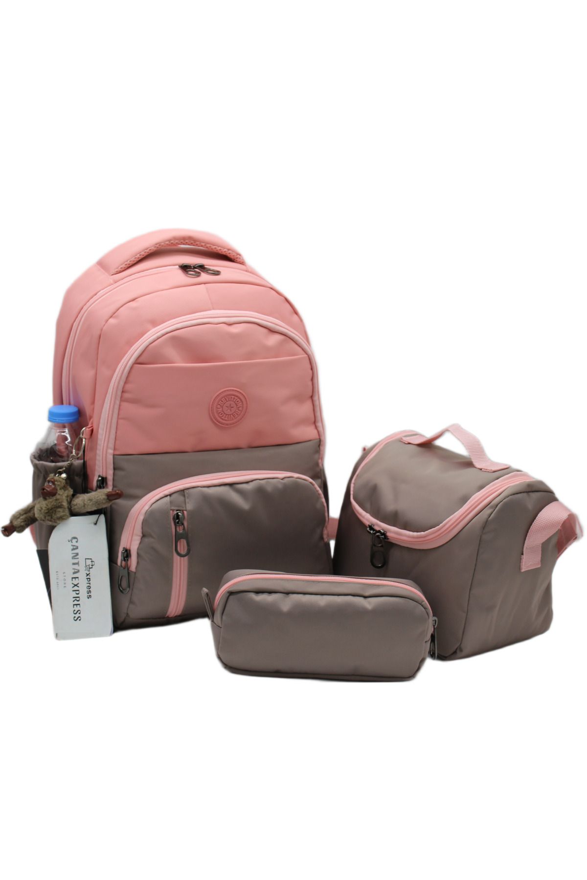 ÇantaExpress ilk Okul Çantası 3'lü Seti Unisex Çocuk ilkokul Çantası Cnt-8010 Pudra-Vizon
