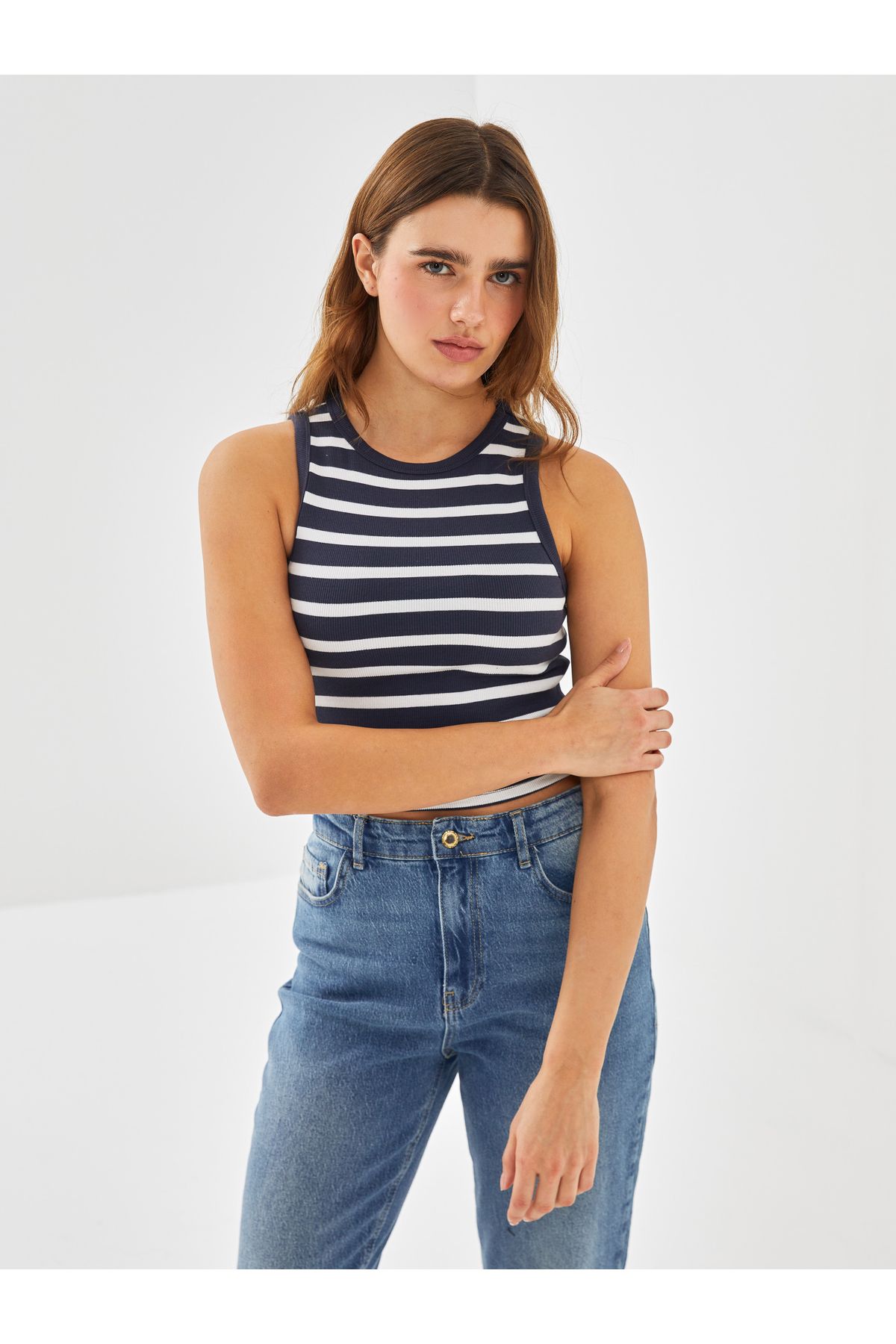 LC Waikiki Bisiklet Yaka Çizgili Kadın Crop