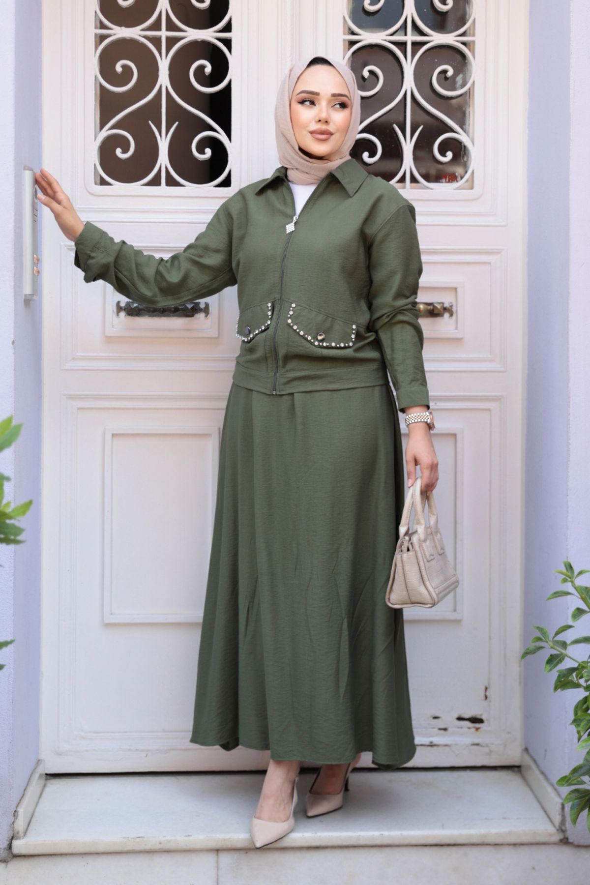N.S NEVA STYLE Fermuarlı Haki Tesettür Etekli İkili Takım 44751HK