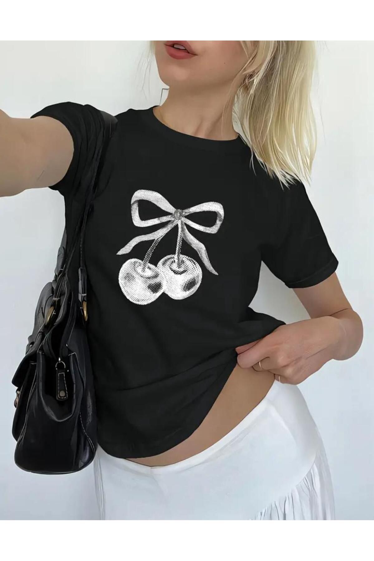 Boi Kiraz Baskılı Baskılı Pamuk Yuvarlak Yaka Siyah T-shirt