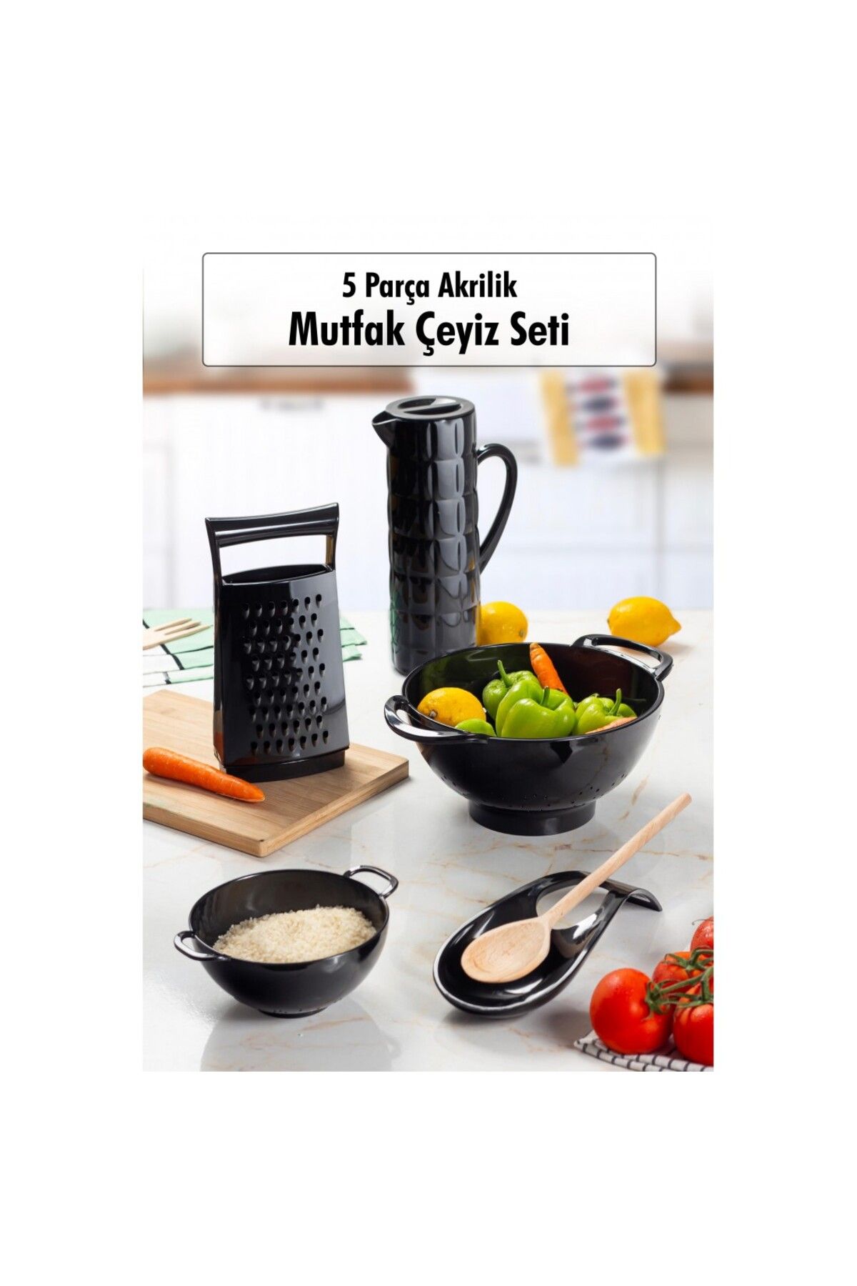 Lunelia Home Akrilik 5 Parça Çeyiz Seti ( Sürahi & Rende & Süzgeç & Mini Süzgeç & Kaşıklık)