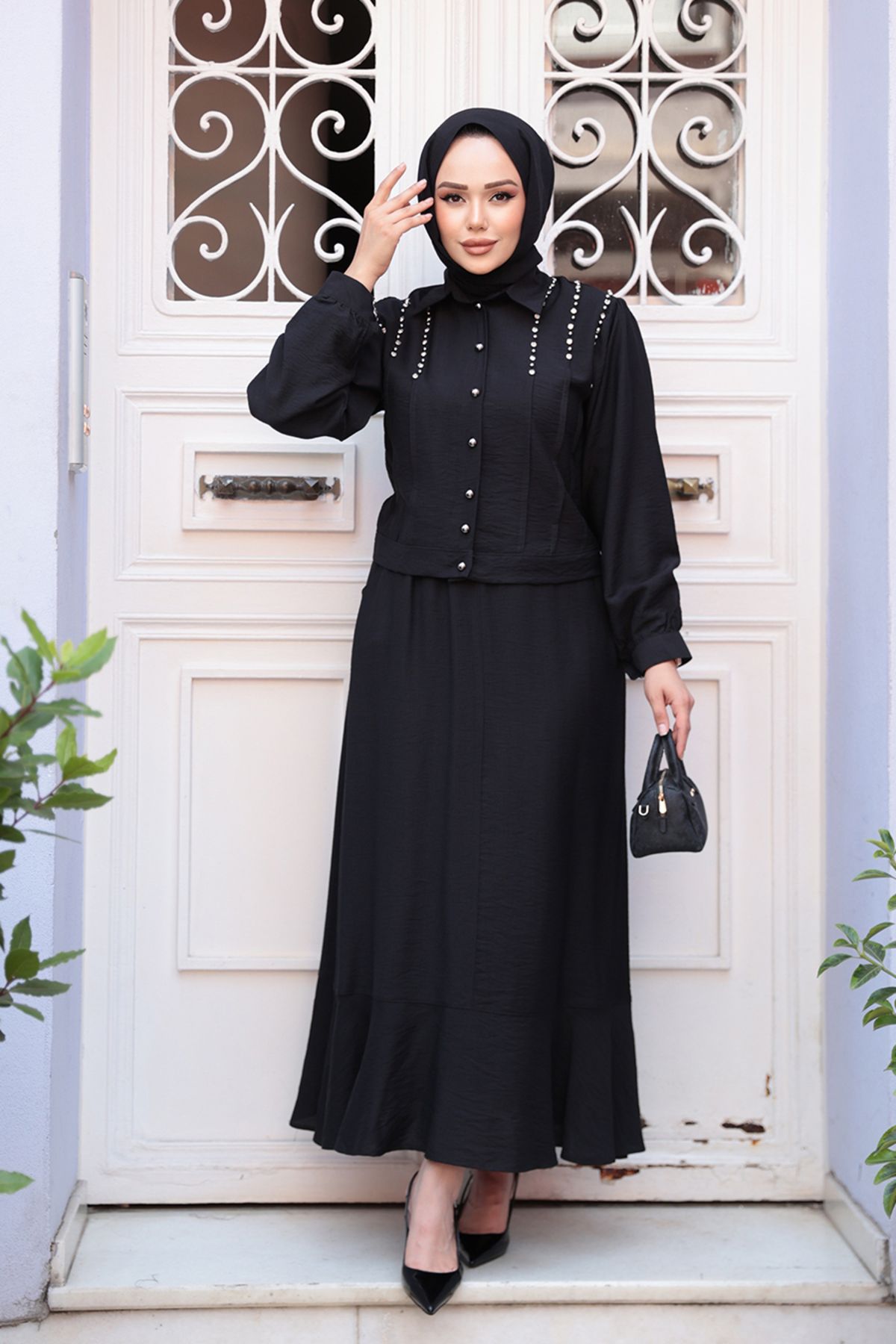 N.S NEVA STYLE Düğmeli Siyah Tesettür Etekli İkili Takım 44741S