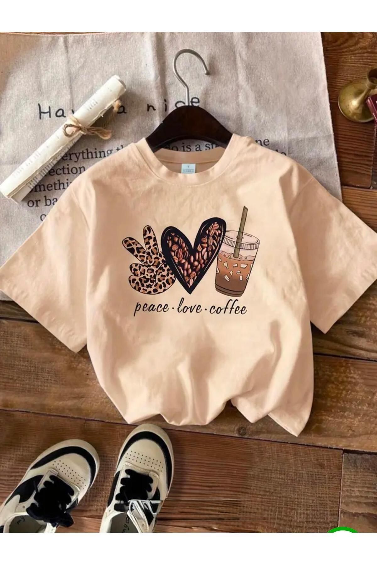 Boi PEACE LOVE BASKILI OVERSİZE BASIC TİŞÖRT KISA KOL T-SHİRT T-SHİRT
