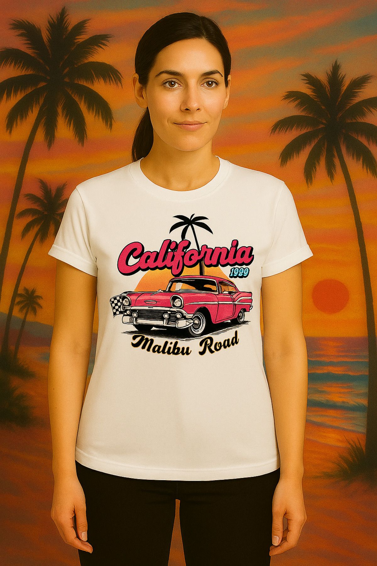 Oasis duble kol dar kesim malibu road baskılı bisiklet yaka kadın t-shirt