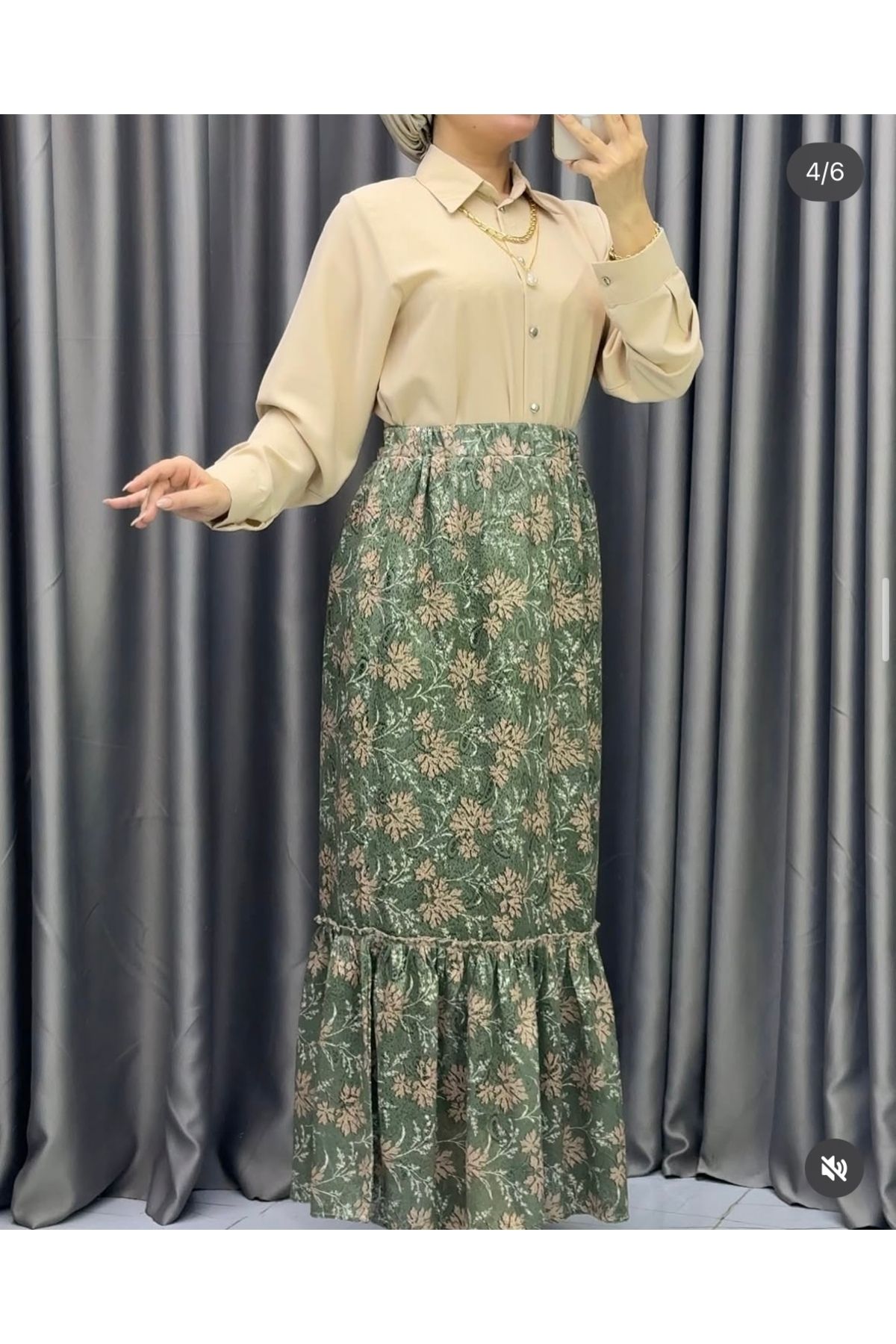 YAMANCAN MODA Şifon Astarlı Yaprak Desenli Etek