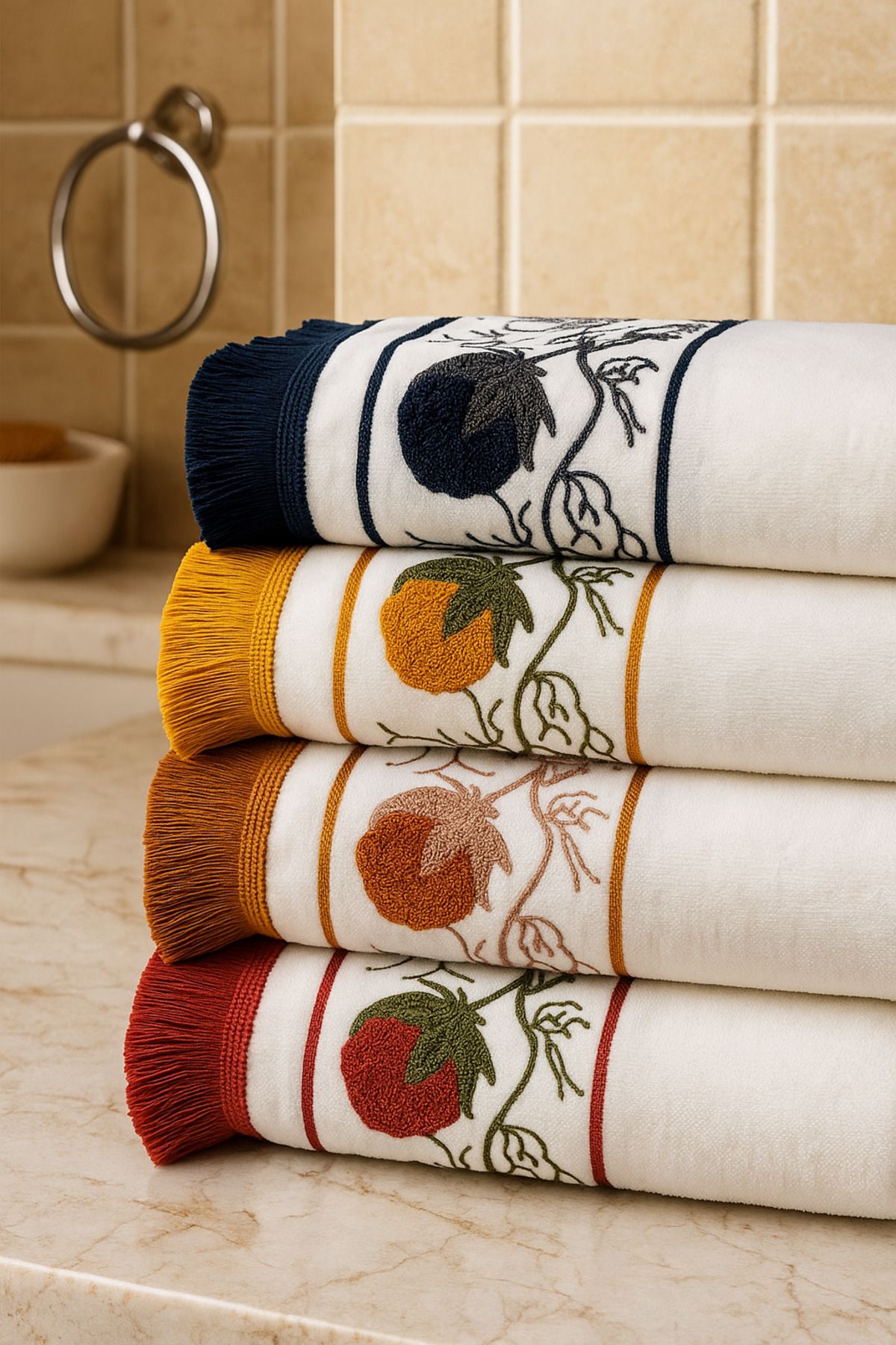 AYHANHOME Punch Nakışlı Saçaklı 3 Adet 50x90 El Yüz Havlu Seti
