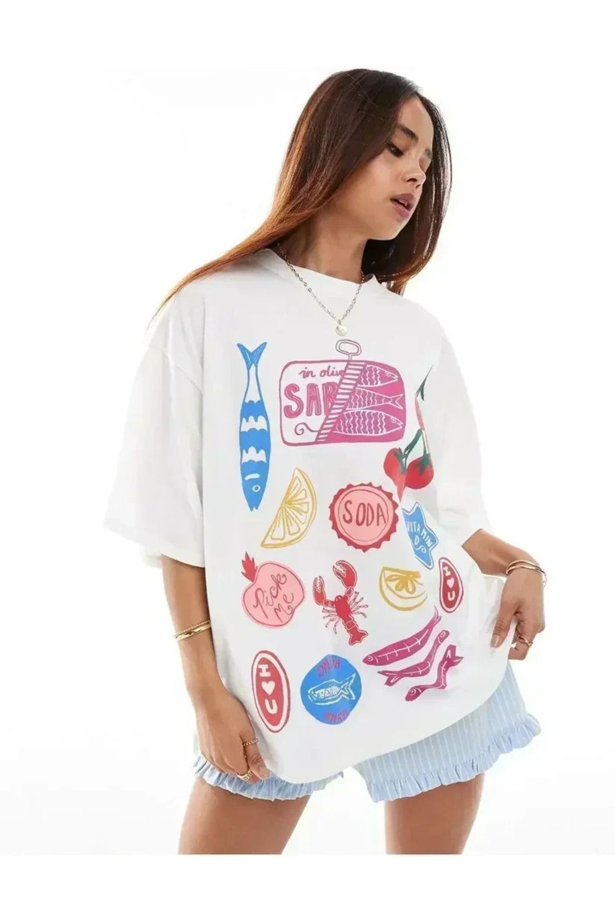 JANSO GROUP -KADIN PAMUKLU BASKILI SODN KISA KOLLU TSHIRT OVERSİZE BÜYÜK BEDEN