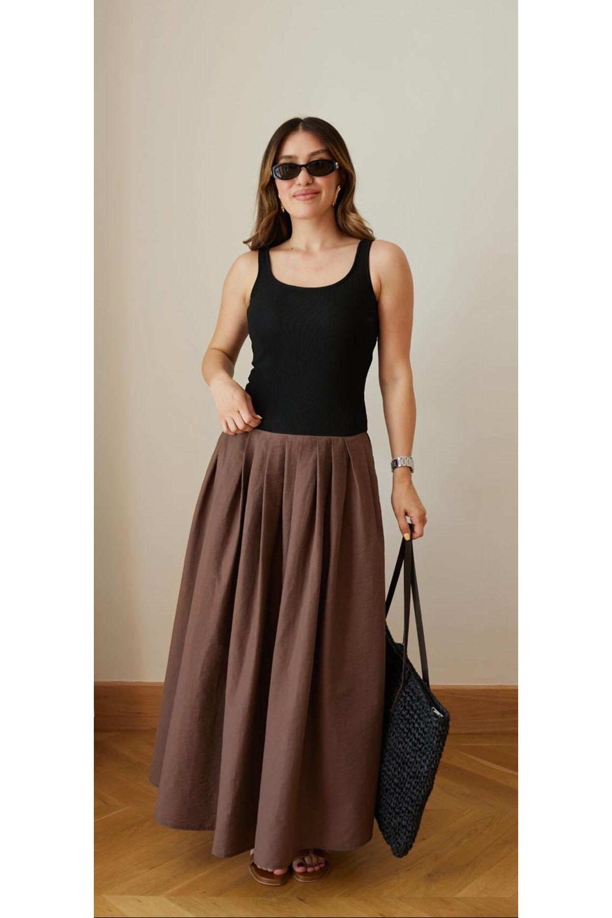 Kese Fashion Store Kadın Kahve Siyah Pileli Maxi Boy Elbise