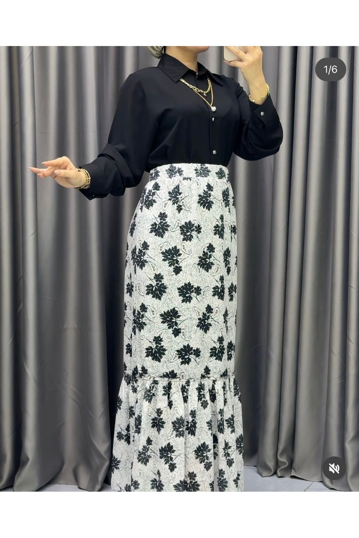 YAMANCAN MODA Şifon Astarlı Yaprak Desenli Etek