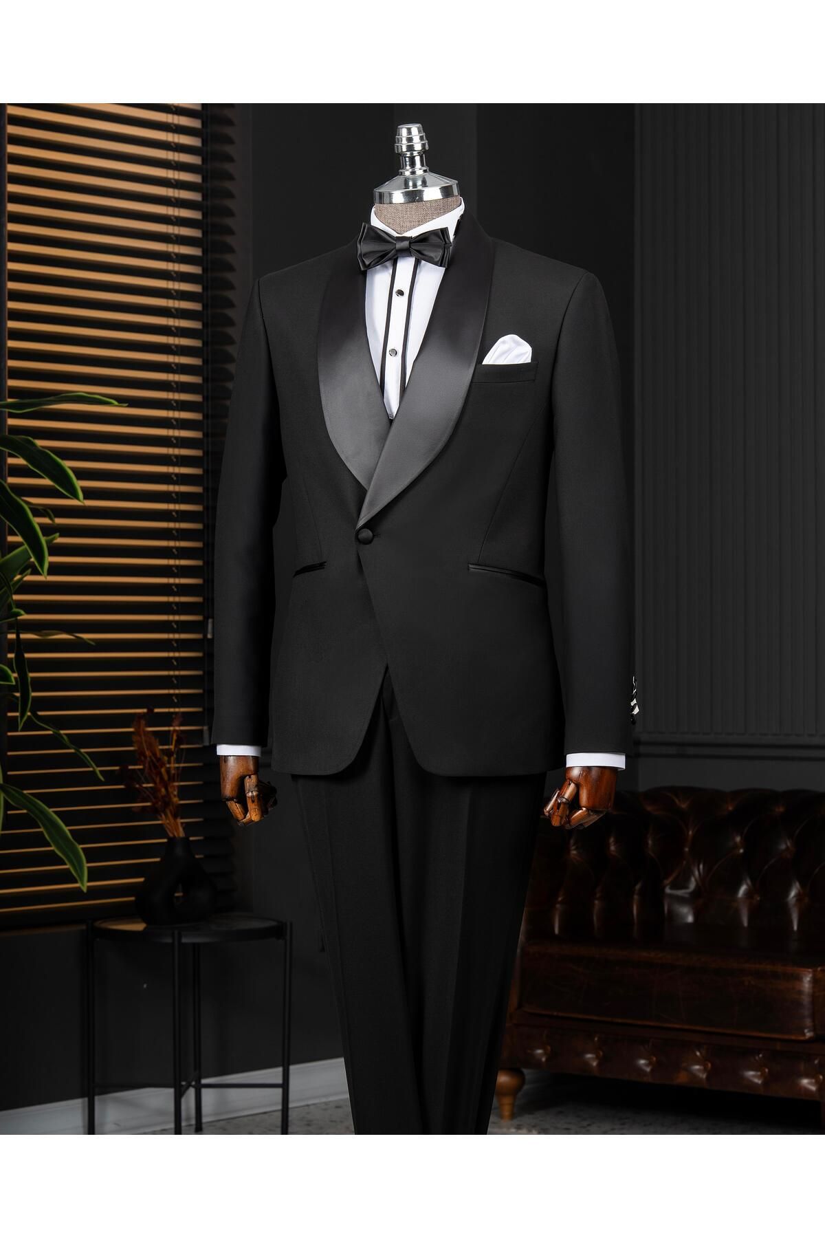 TerziAdemAltun İtalyan stil slim fit şal yaka ceket pantolon damatlık set siyah T14274