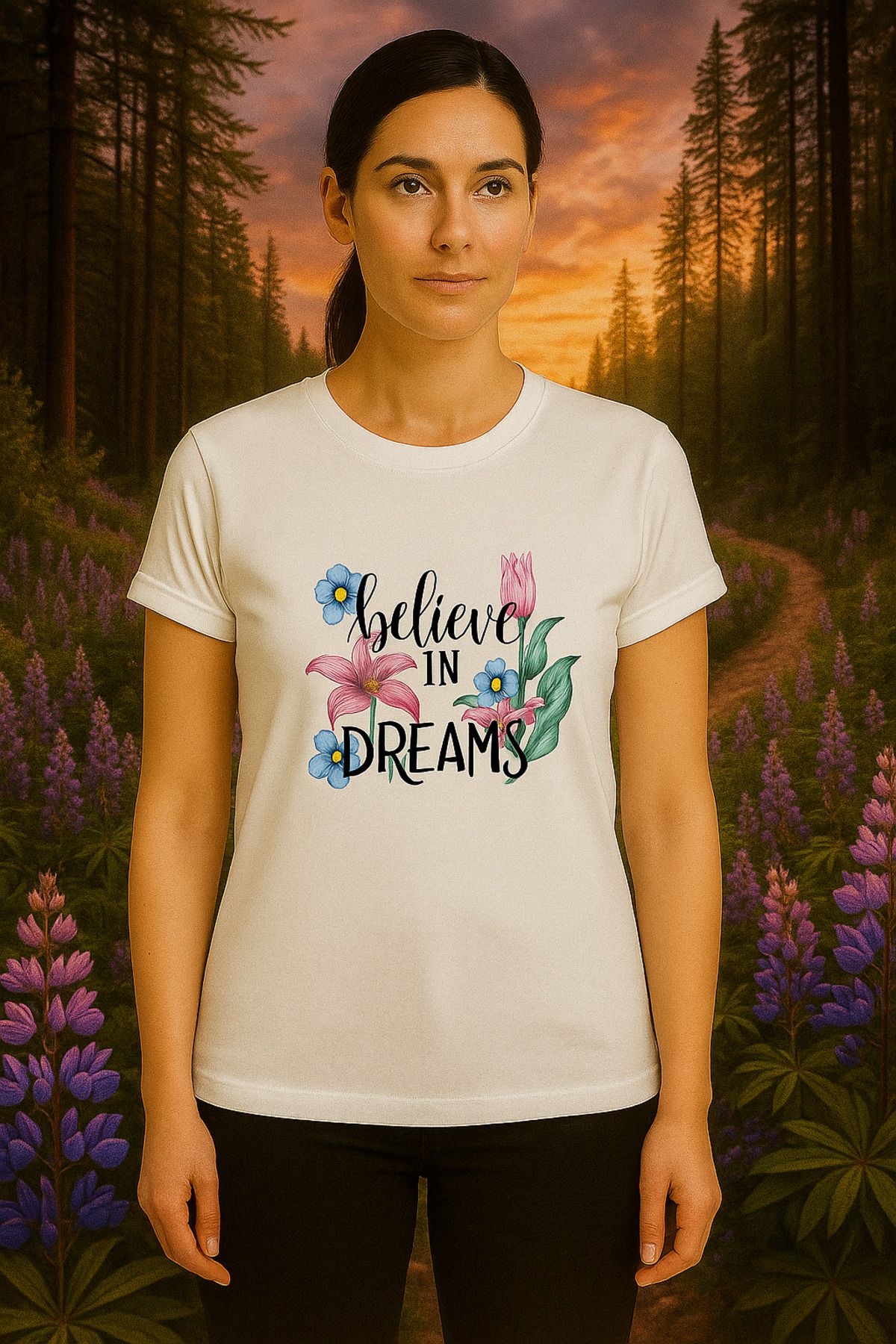 Oasis duble kol dar kesim believe in dreams baskılı bisiklet yaka kadın t-shirt