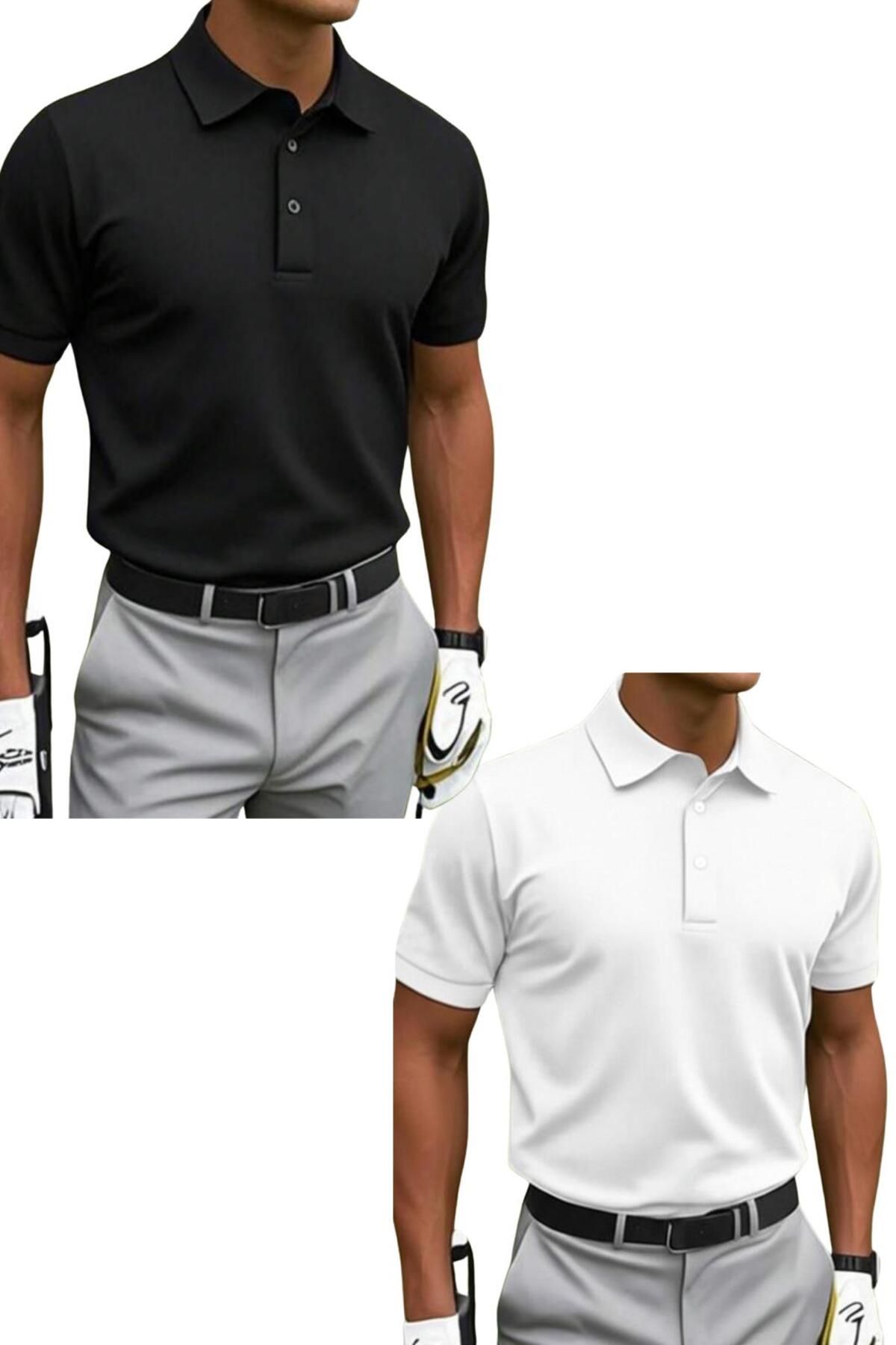 NO 601 Erkek Siyah-Beyaz 2'li Dar/Slim Fitt Polo Yaka Tshirt