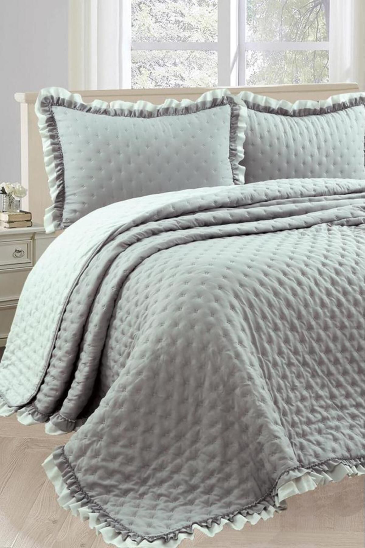Çeyiz Diyarı Lamina Fırfırlı Elyaf Dolgulu Çift Kişilik 240x260 Cm Yatak Örtüsü Gri