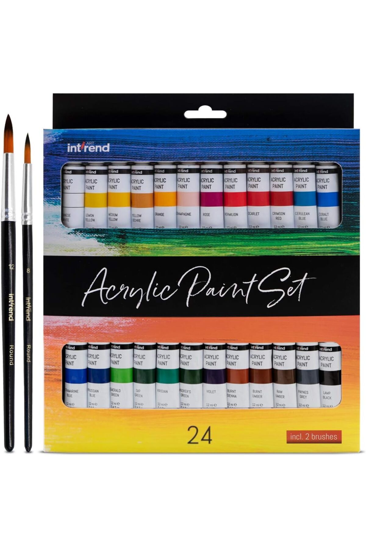 intrend Set De 24 Vopsele Acrilice, Cu 2 Pensule, Rezistente La Apă, Lemn, Pânză, Lut, Pietre, Ipsos, 12 Ml - One Size