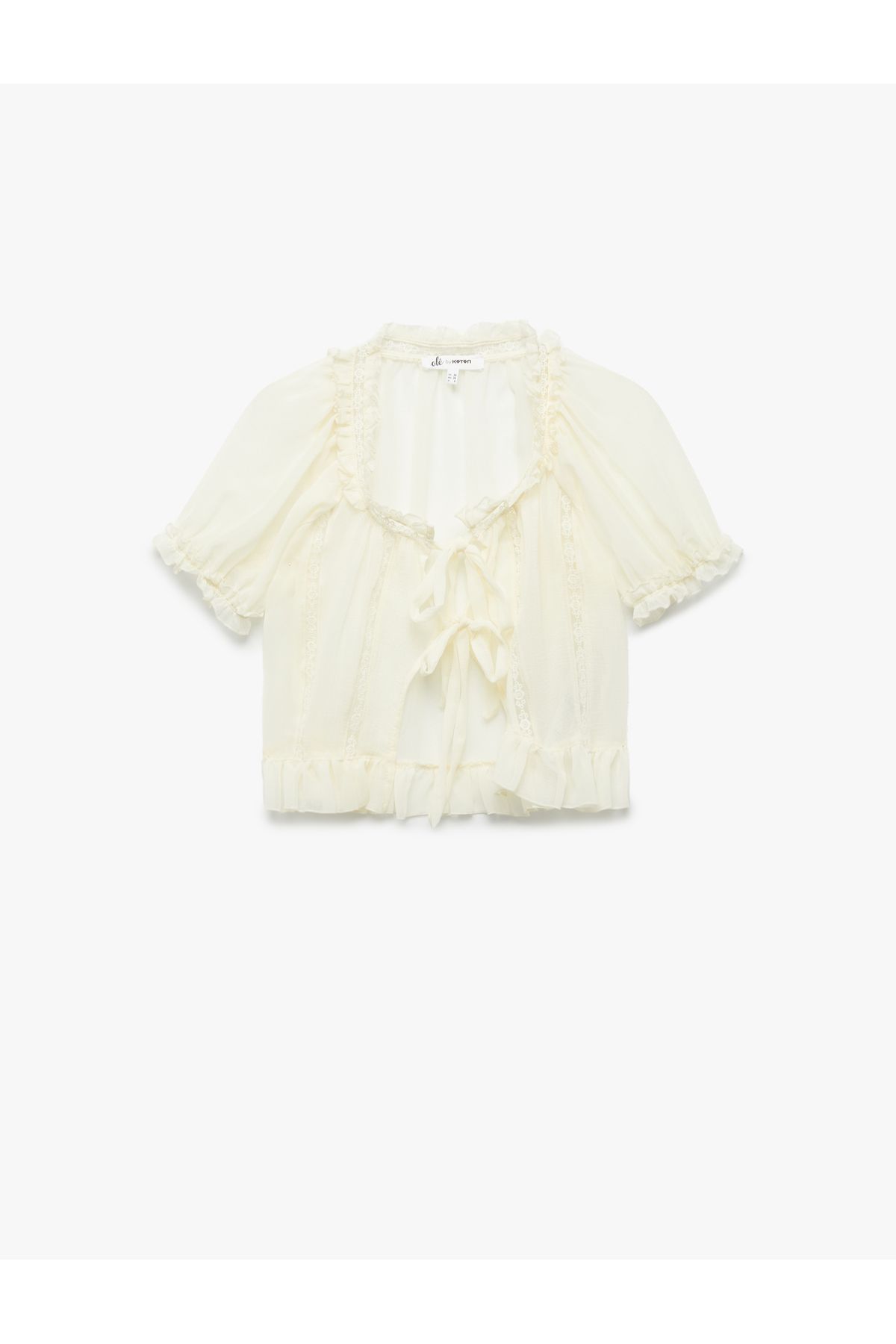 Koton Dantel Detaylı Kısa Balon Kollu Bağlamalı Fiyonklu Crop Bluz