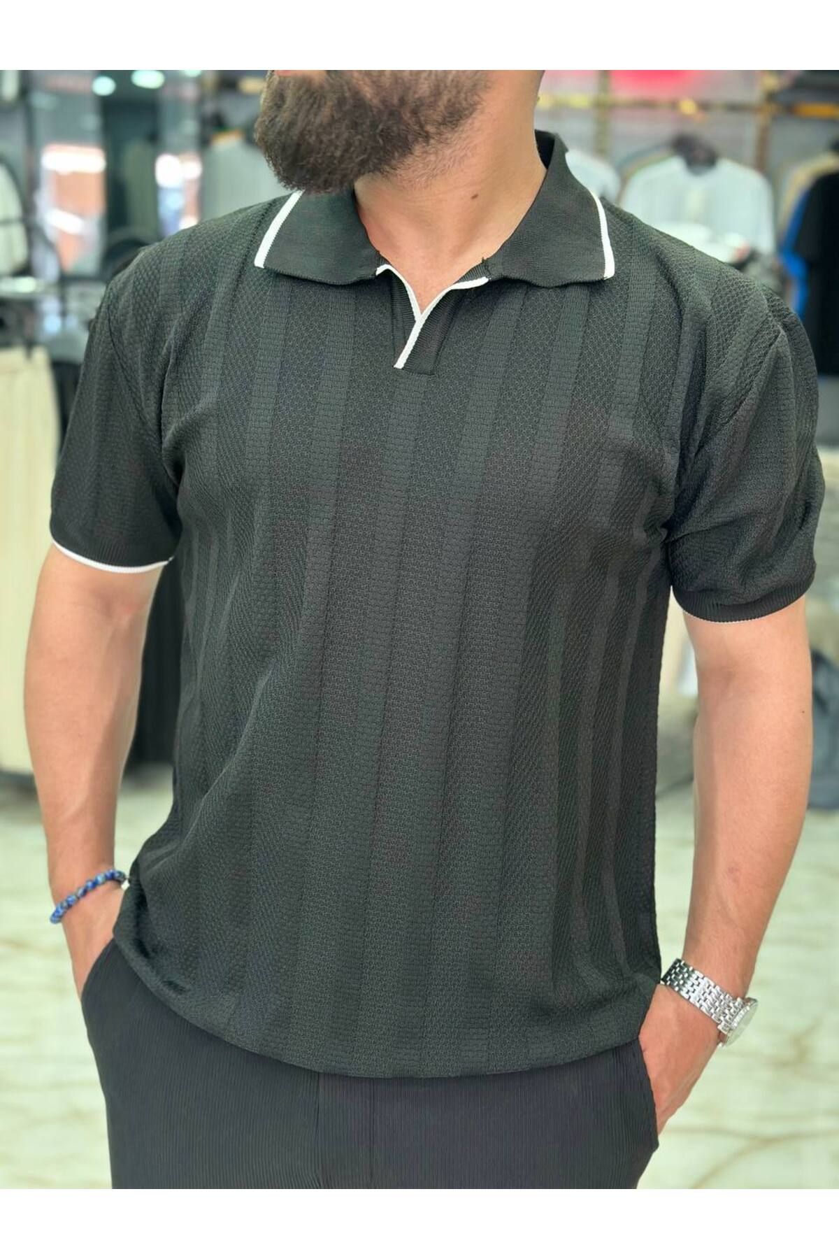 FRANCO RENZO Erkek Siyah Polo Yaka Triko T-Shirt