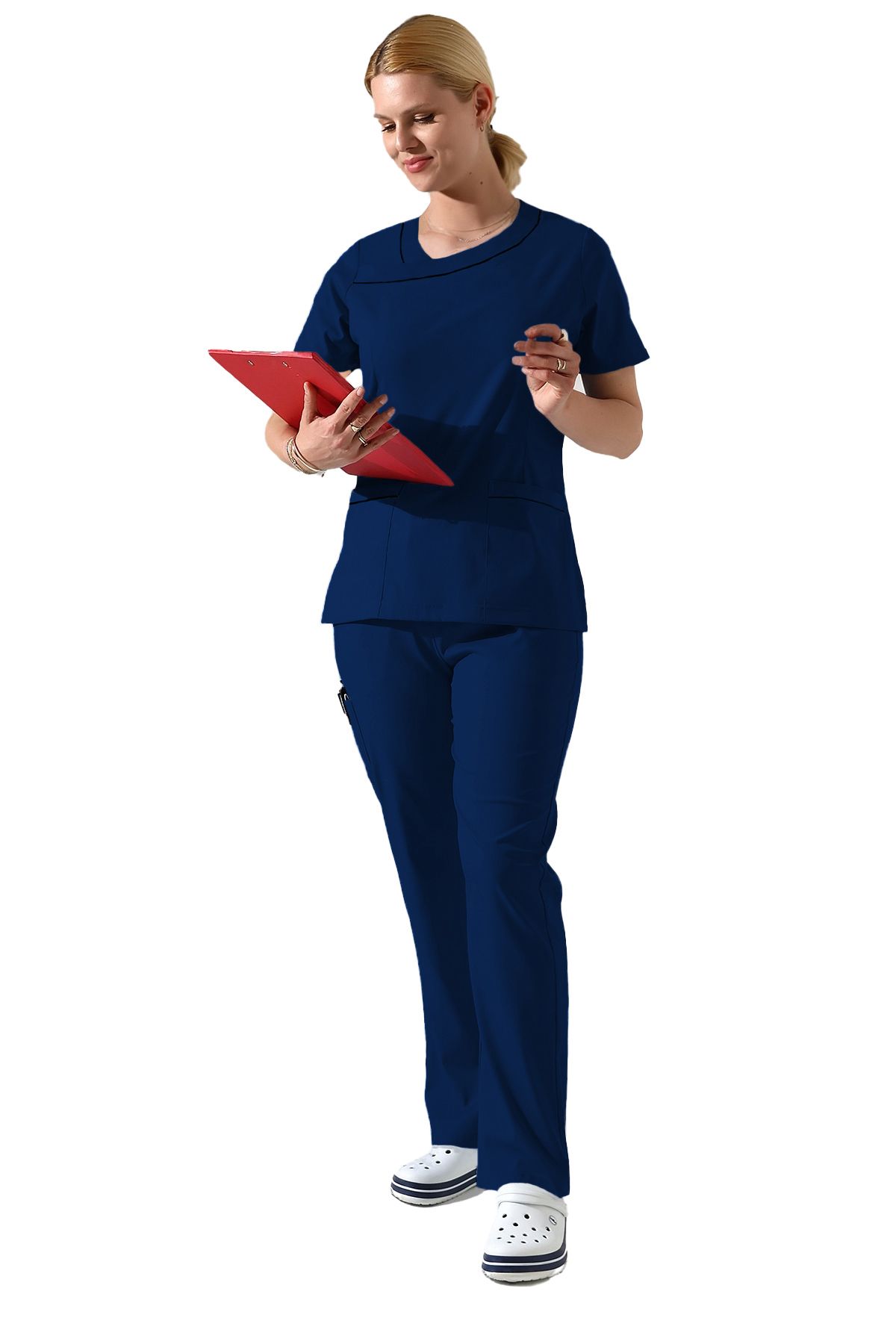 BEDUCA İndigo Likralı Yaka Detaylı Scrubs Takımı, Estetisyen Ve Güzellik Merkezi Forması