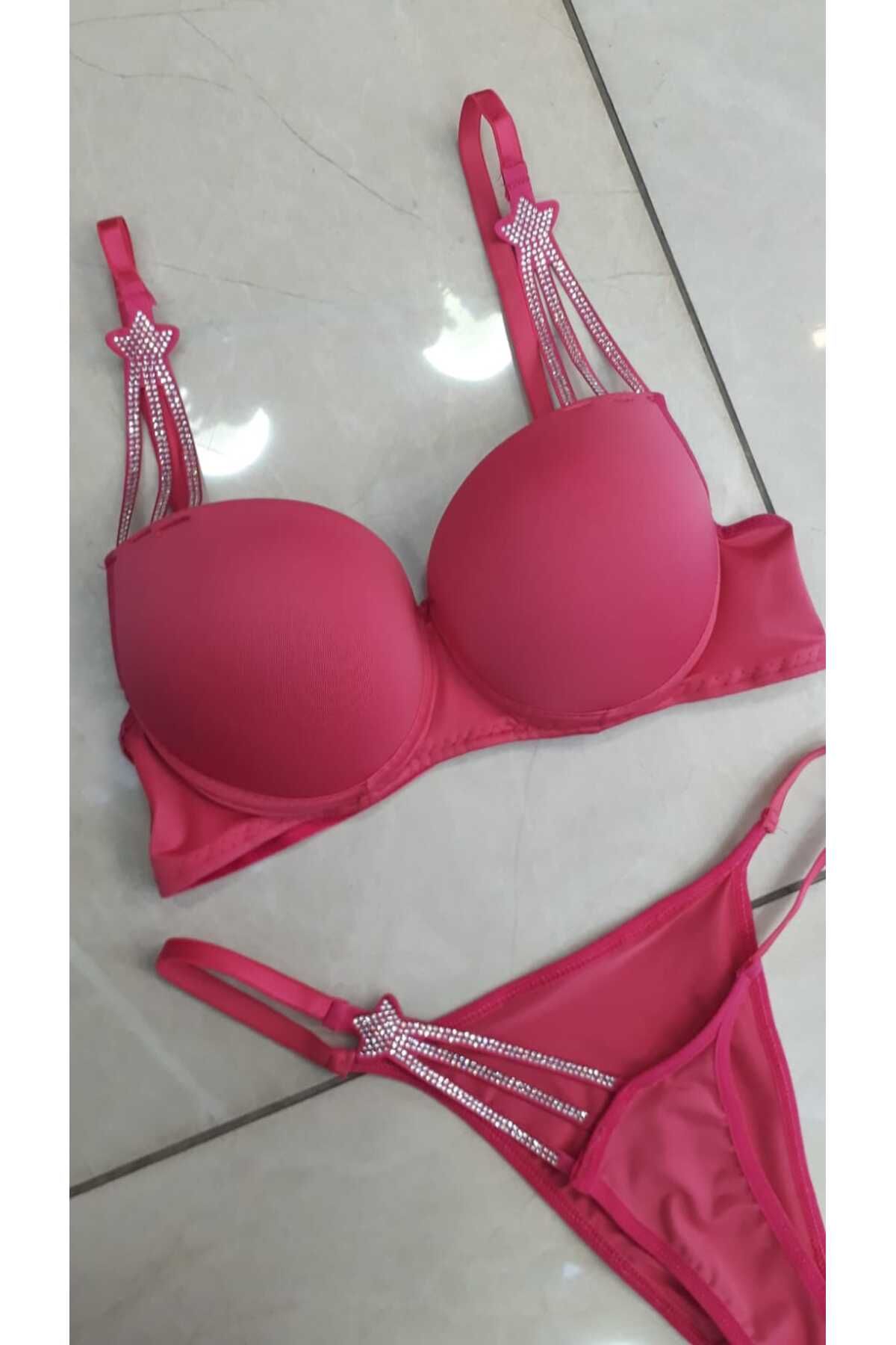 JUPİEL Stella Lingerie Yıldız Detaylı Taşlı Destekli Südyen Takım Fuşya