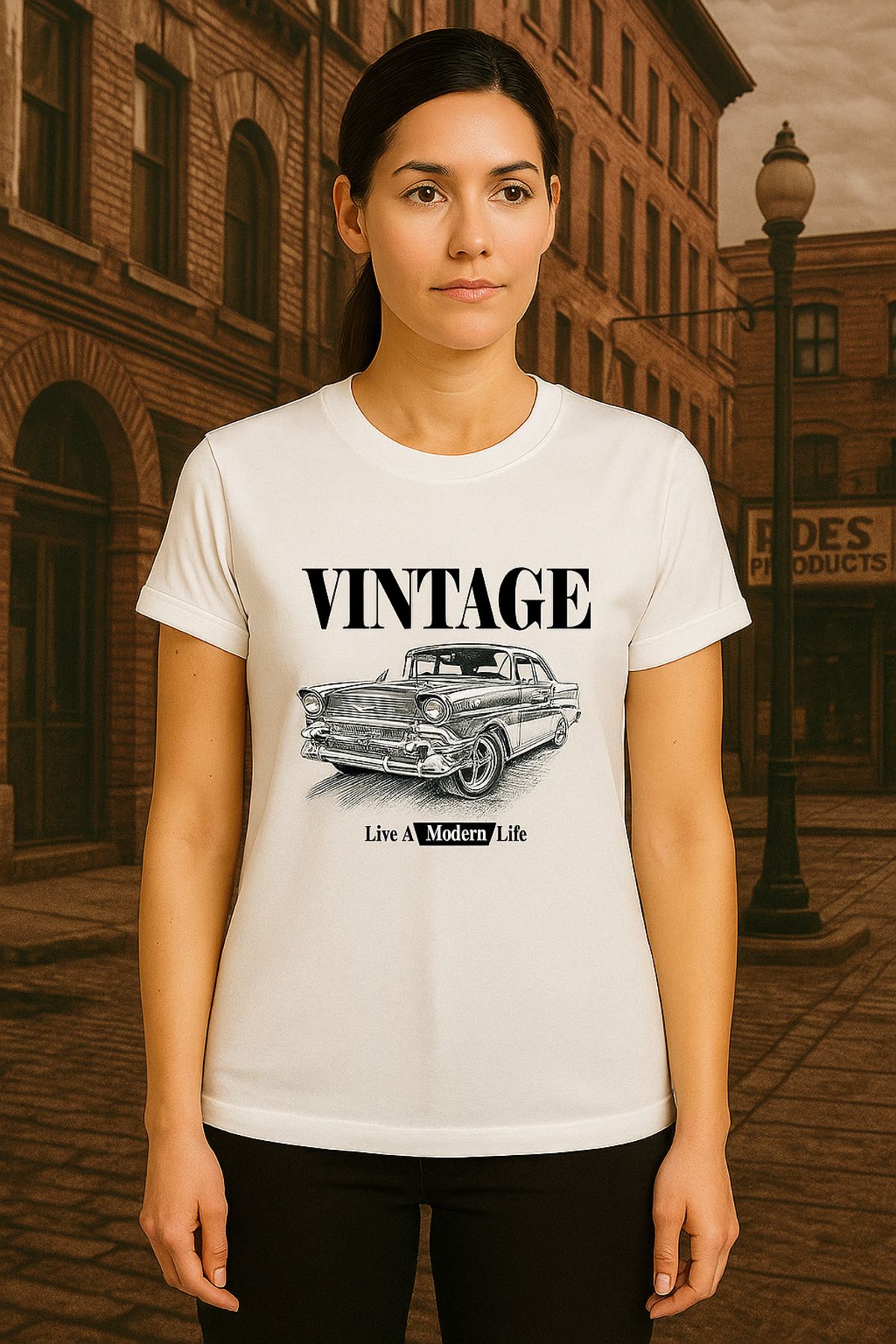 vikitekno vintage baskılı bisiklet yaka kolları katlamalı dar kesim kemer üstü Kadın Tişört