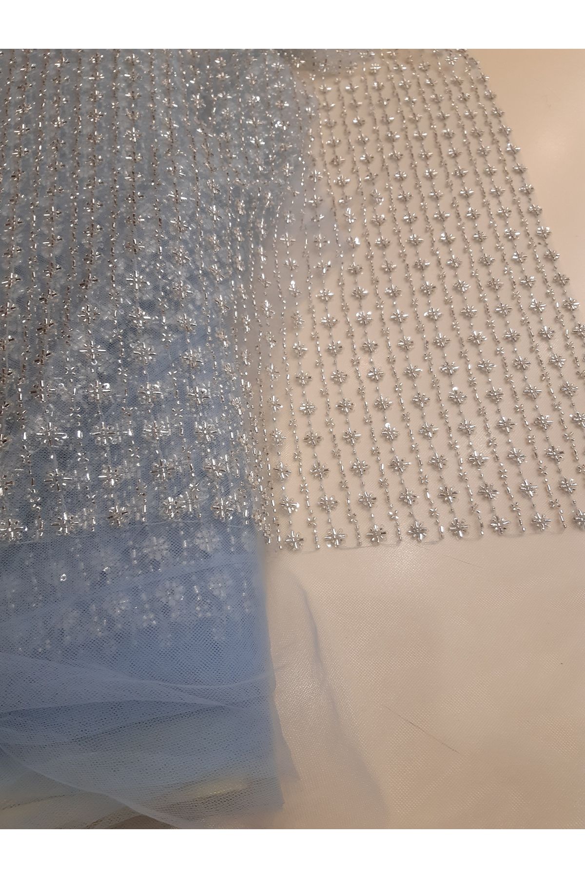 Safir Kumaş Abiye İçin Taş ve Boncuk İşlemeli Bebe Mavi Dantel 3 Metre ( Alt astarı Dahil)