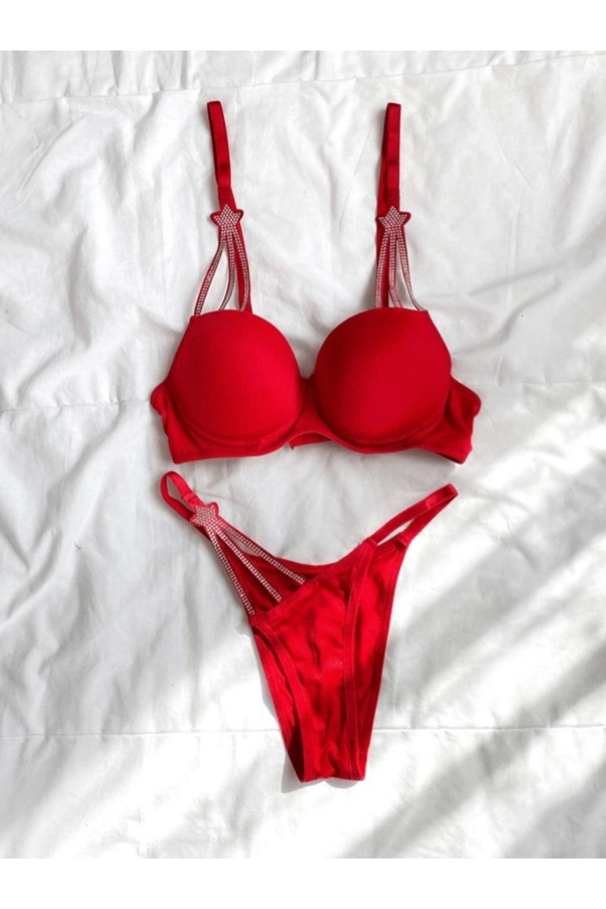 JUPİEL Stella Lingerie Yıldız Detaylı Taşlı Destekli Südyen Takım Kırmızı