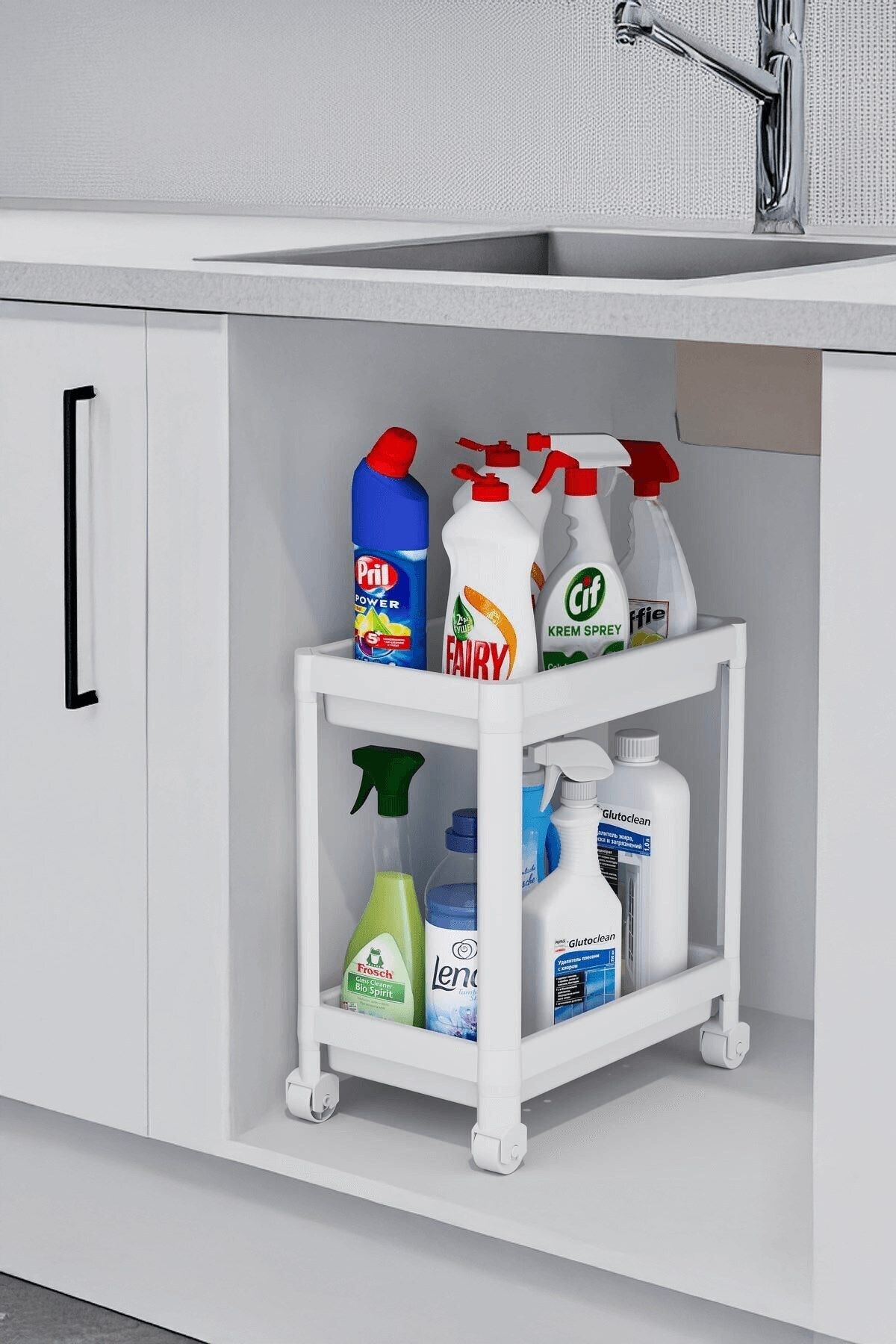 Sas Haus Flex Elite Pro 2 Katlı Beyaz Tekerlekli Çok Amaçlı Banyo & Mutfak Düzenleyici Raf - Evye Altı Deterj