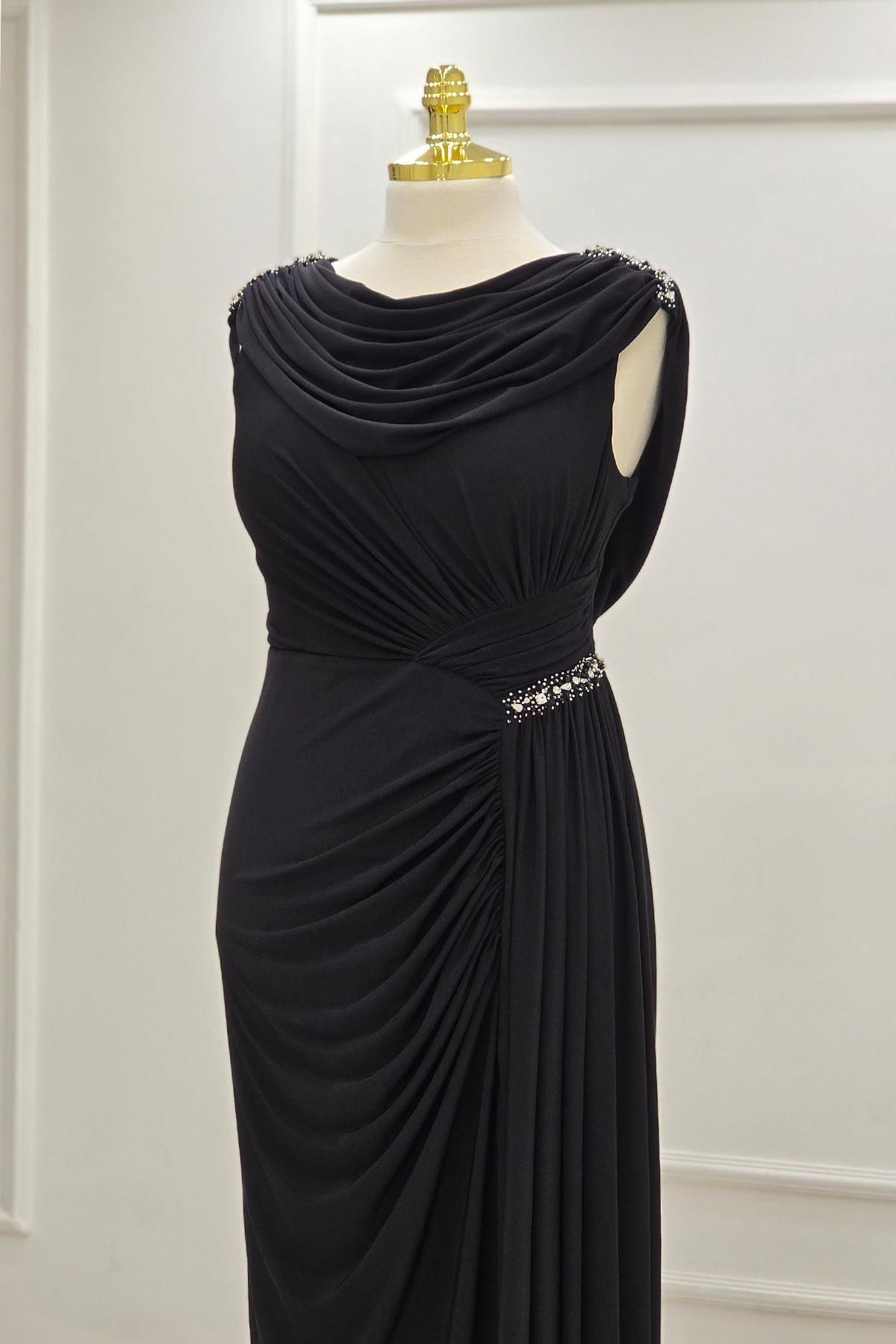 Yonca Moda Evi Siyah Degaje Yaka Büyük Beden Abiye 0601