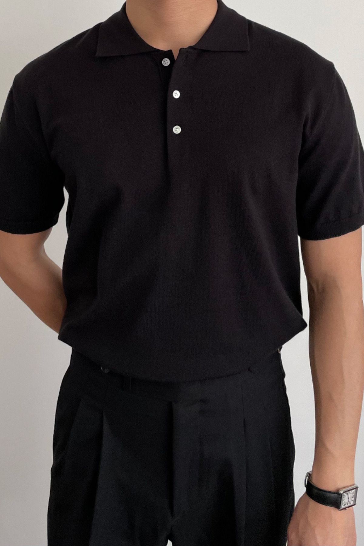 Tarz Cool Erkek Siyah Düğmeli Regular Fit Triko T-Shirt