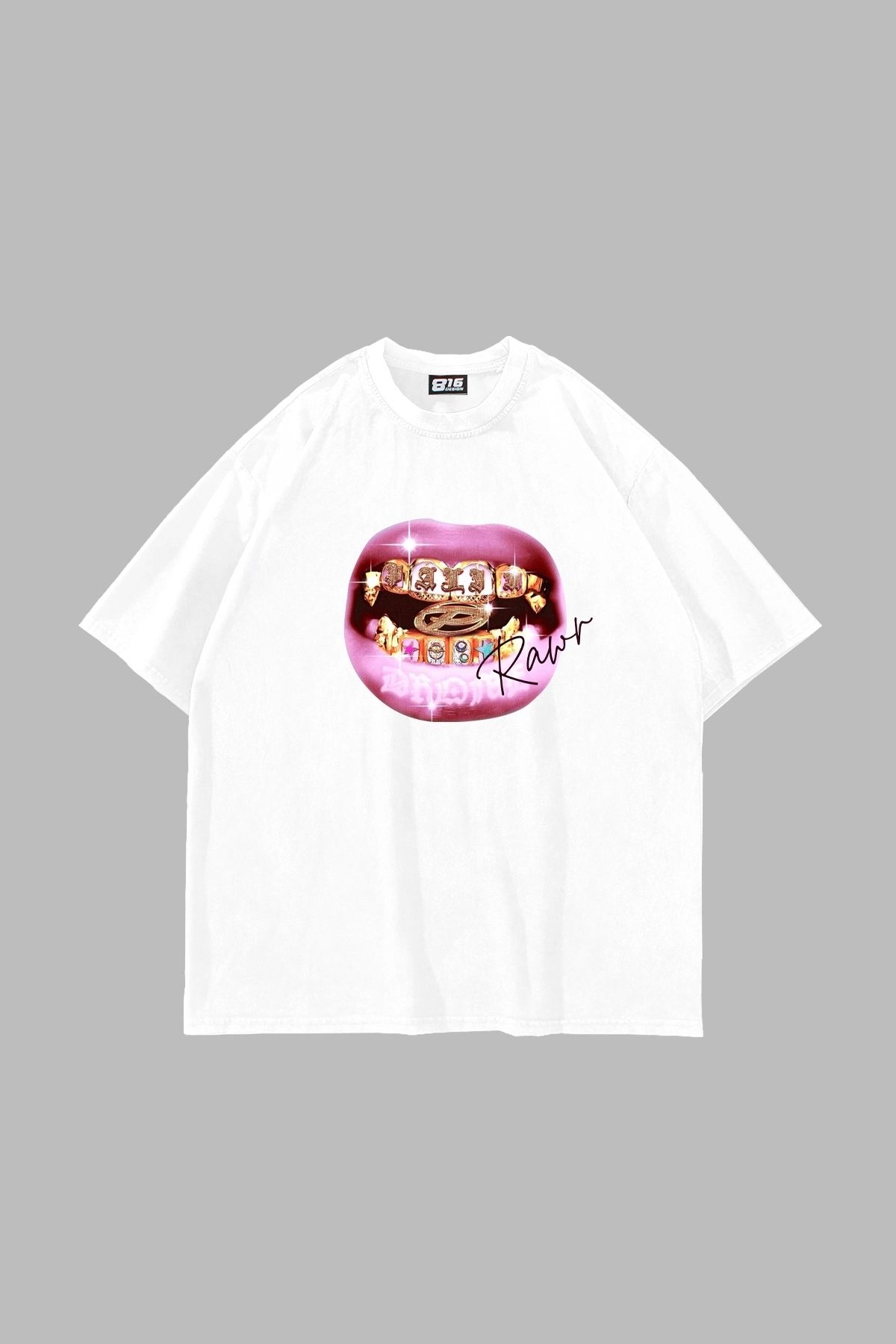 Sekizbiraltı Rawr Teeth Baskılı Oversize Unisex Beyaz Tshirt